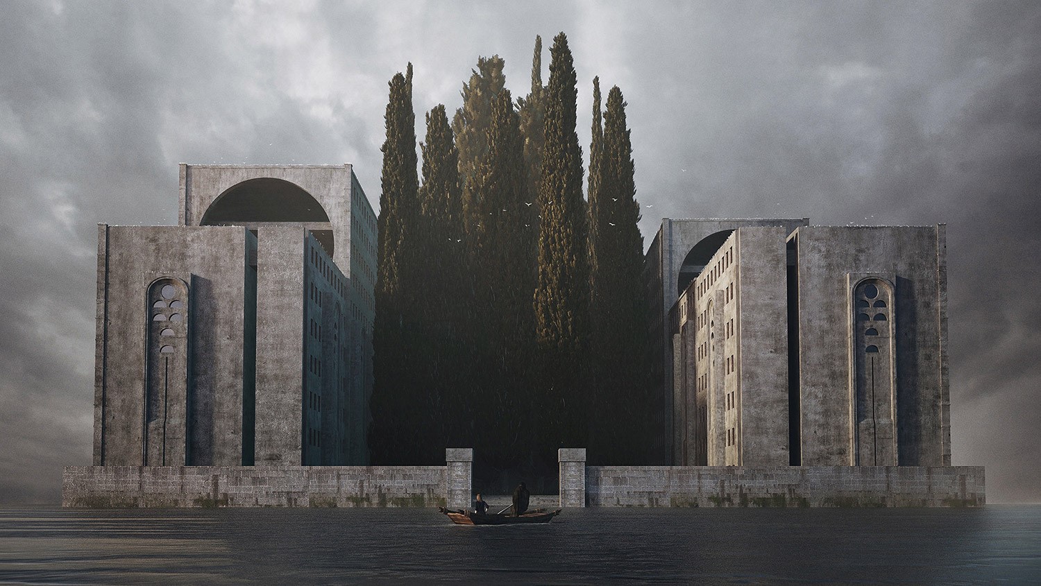 artwork, digital art, fantasy art, Jie Ma, Arnold Böcklin, building, modern, trees, boat, island, water, clouds, frontal view, HD Wallpaper
