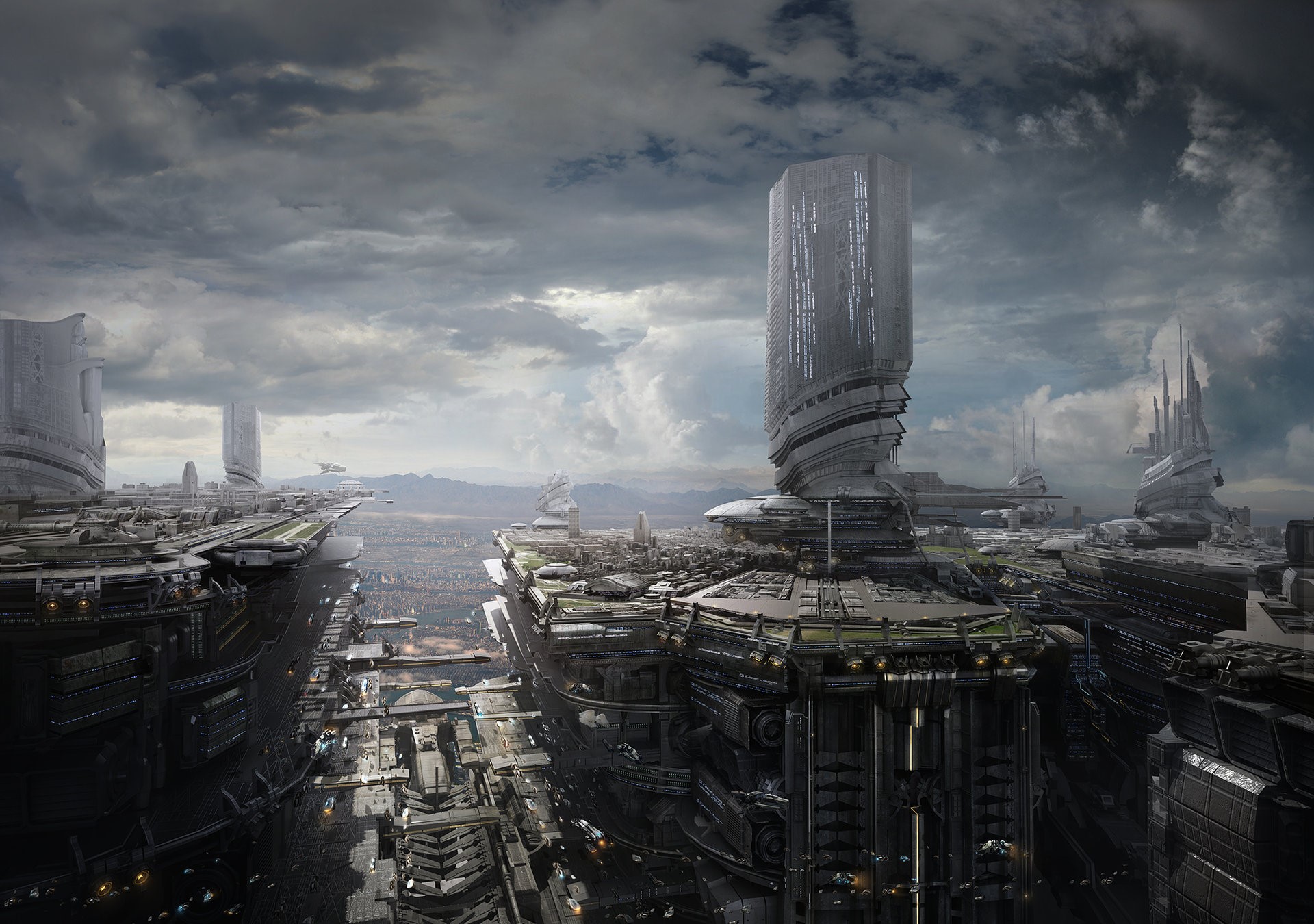 artwork, digital art, fantasy art, Jie Ma, futuristic, futuristic city, clouds, building, HD Wallpaper