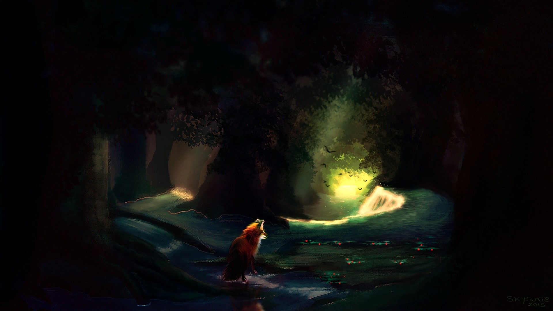 digital art, forest, trees, fantasy art, illustration, painting, animals, fox, dark, Skysurie, HD Wallpaper