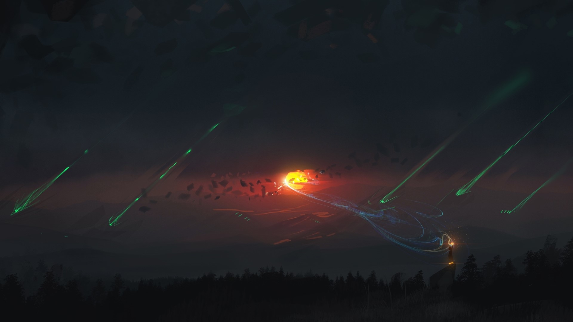 digital art, forest, trees, fantasy art, illustration, painting, sunset, mountains, light trails, dark, HD Wallpaper