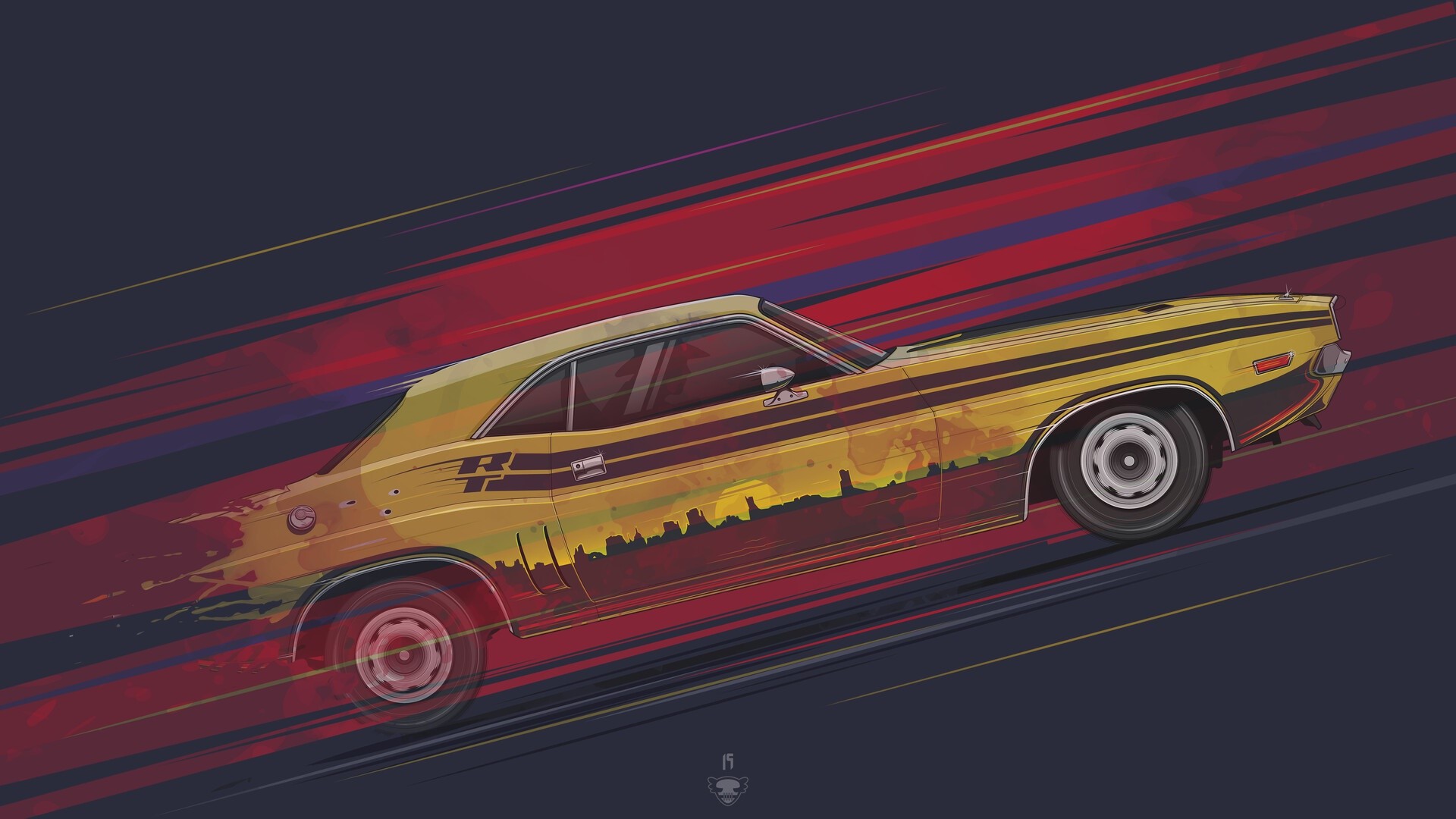 artwork, car, yellow cars, vehicle, Dodge Challenger, HD Wallpaper
