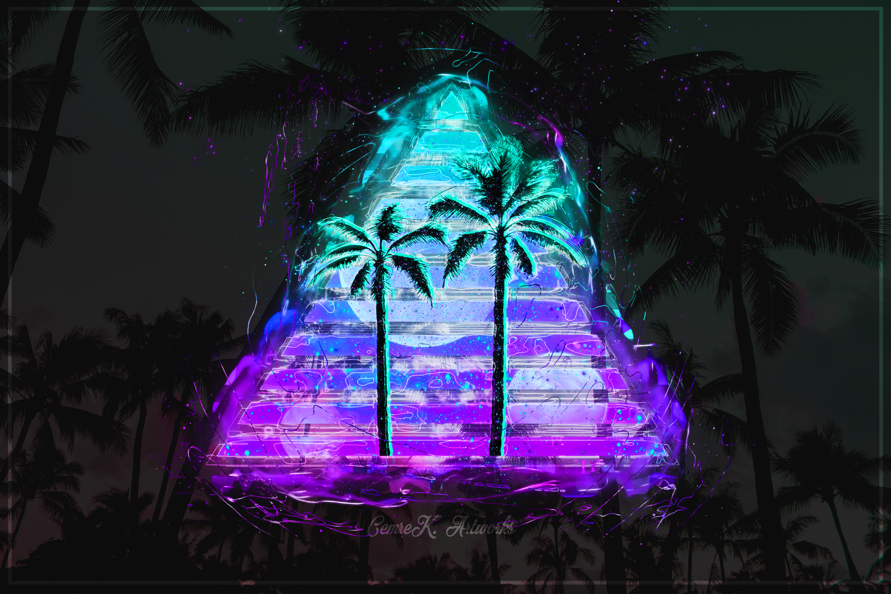 artwork, vaporwave, palm trees, abstract, purple, cyan, HD Wallpaper