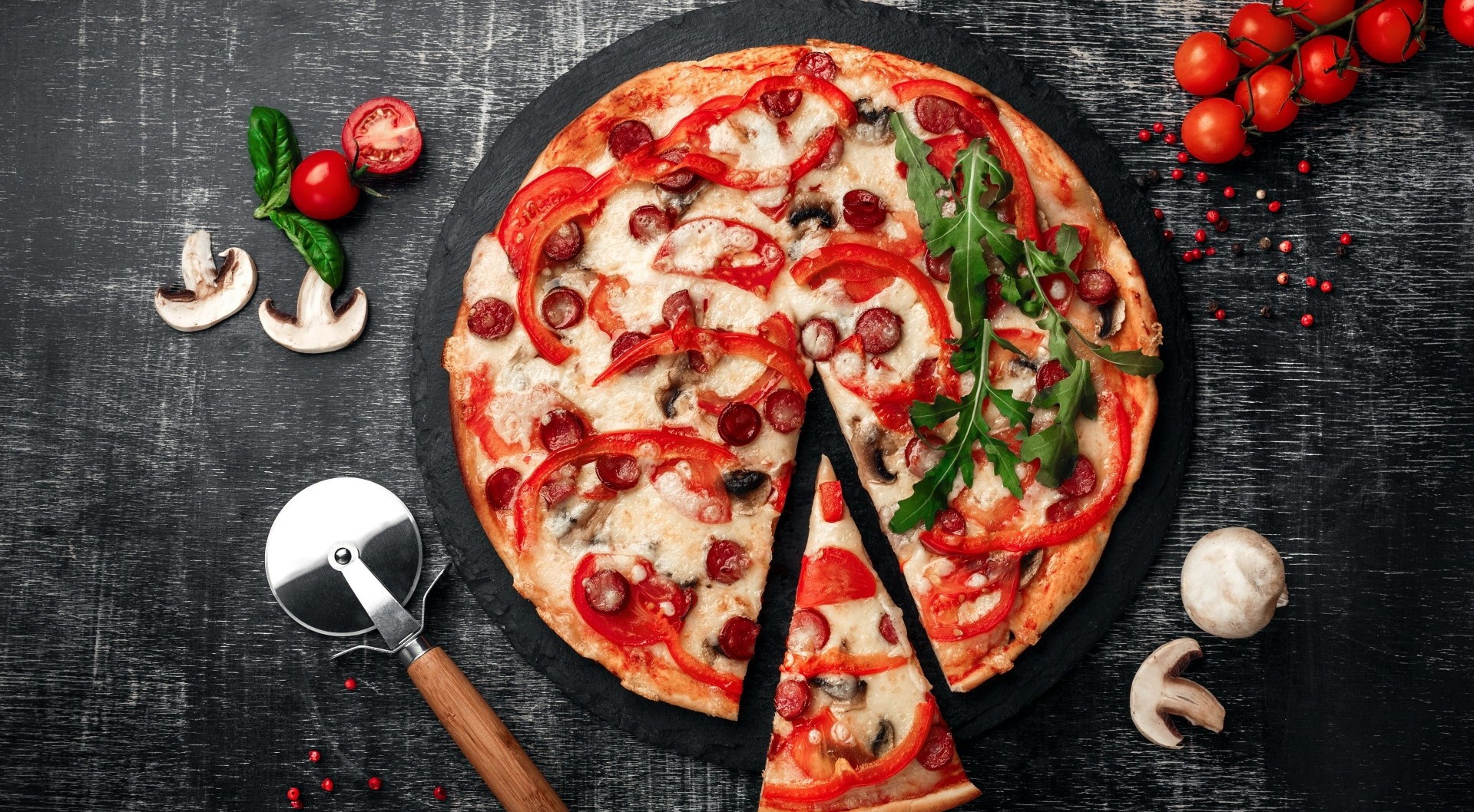 food, pizza, tomatoes, HD Wallpaper