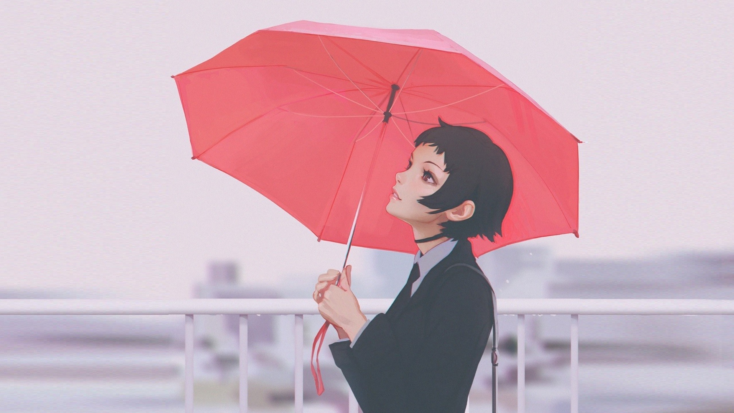 umbrella, drawn, Ilya Kuvshinov, short hair, HD Wallpaper