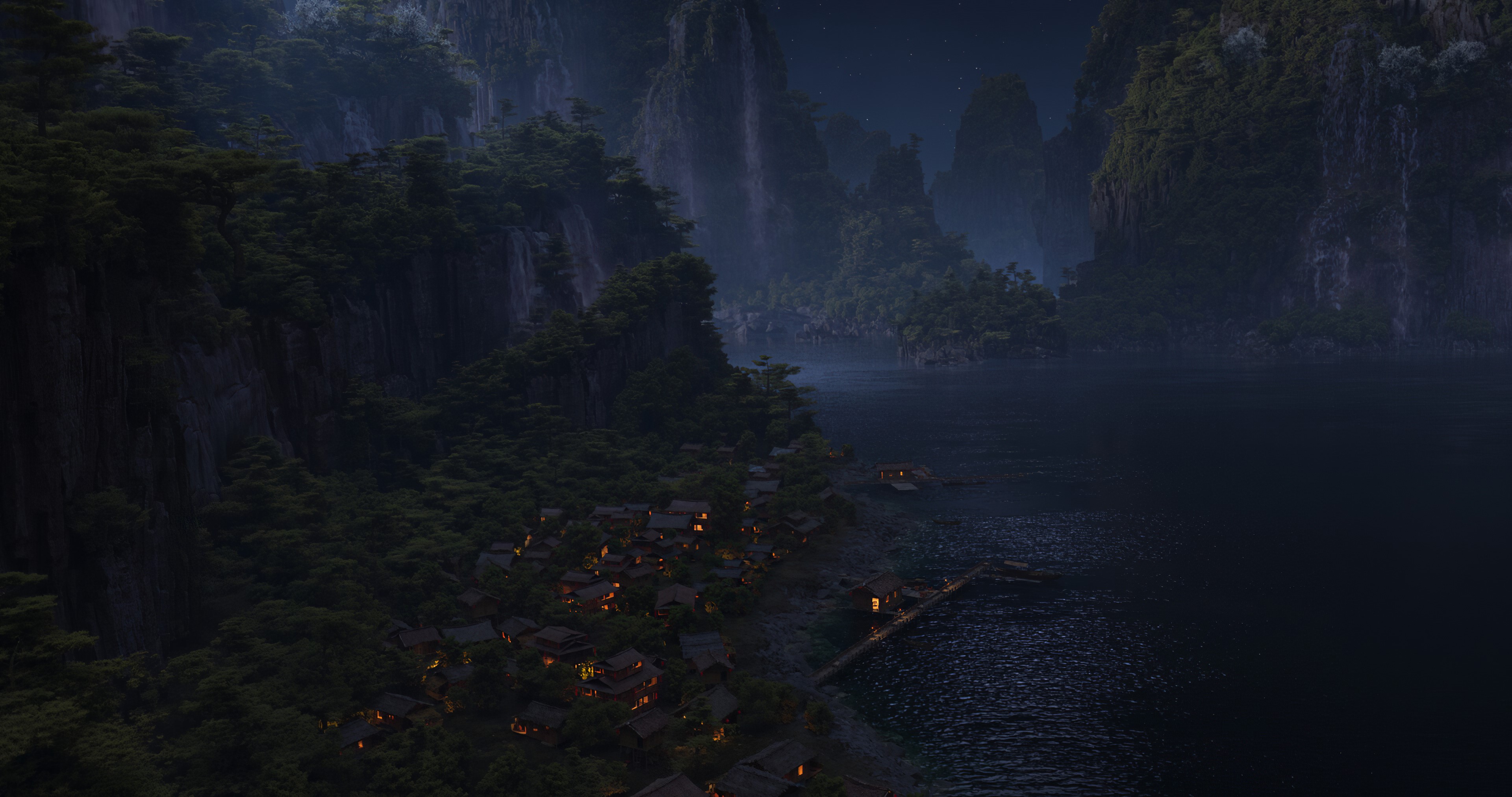 village, CGI, mountains, Skorobogatko Yevgen, HD Wallpaper