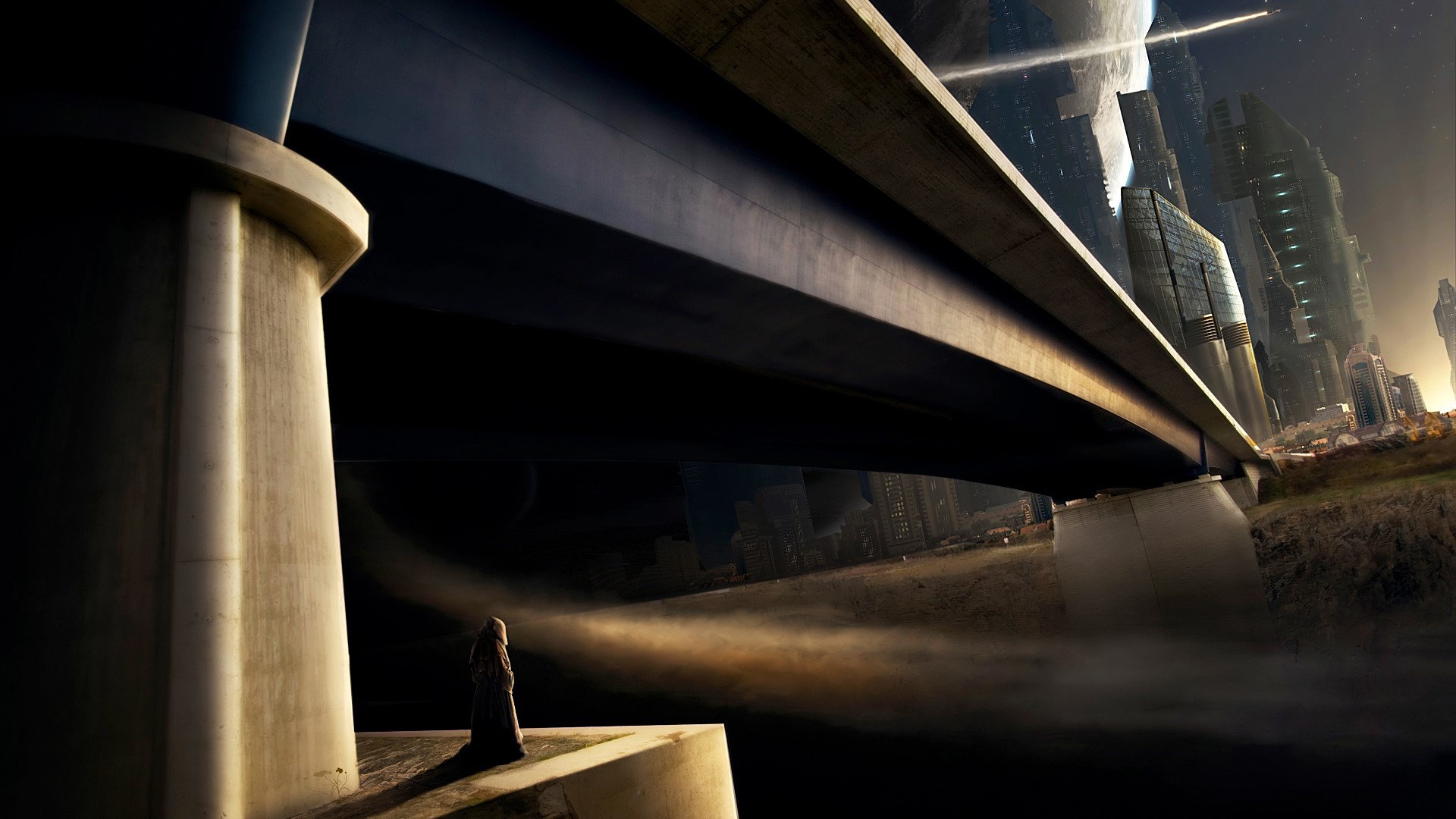 3D, futuristic, futuristic city, monks, bridge, science fiction, space, HD Wallpaper