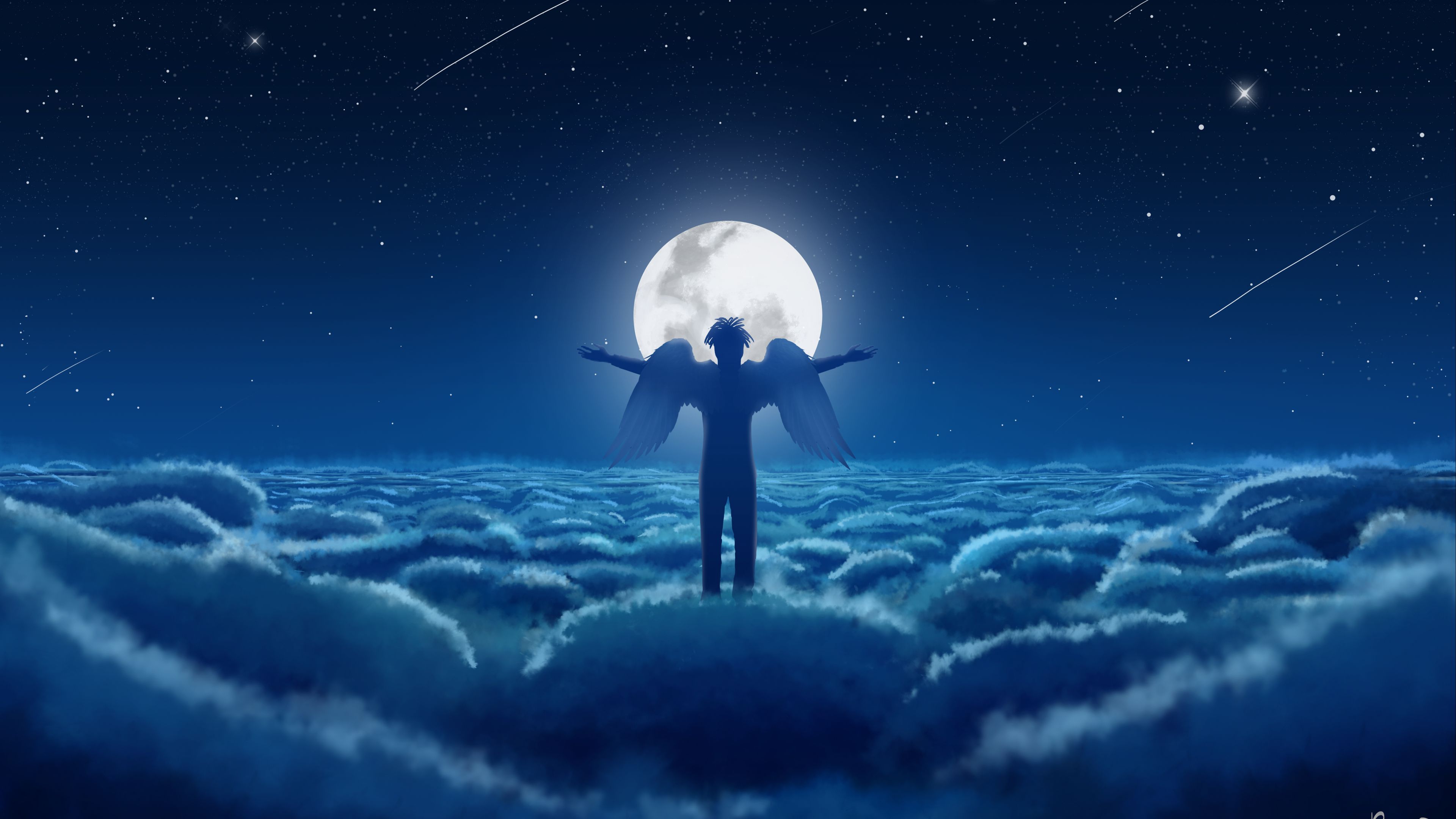 angel, sky, wings, moon, clouds, 4k, HD Wallpaper