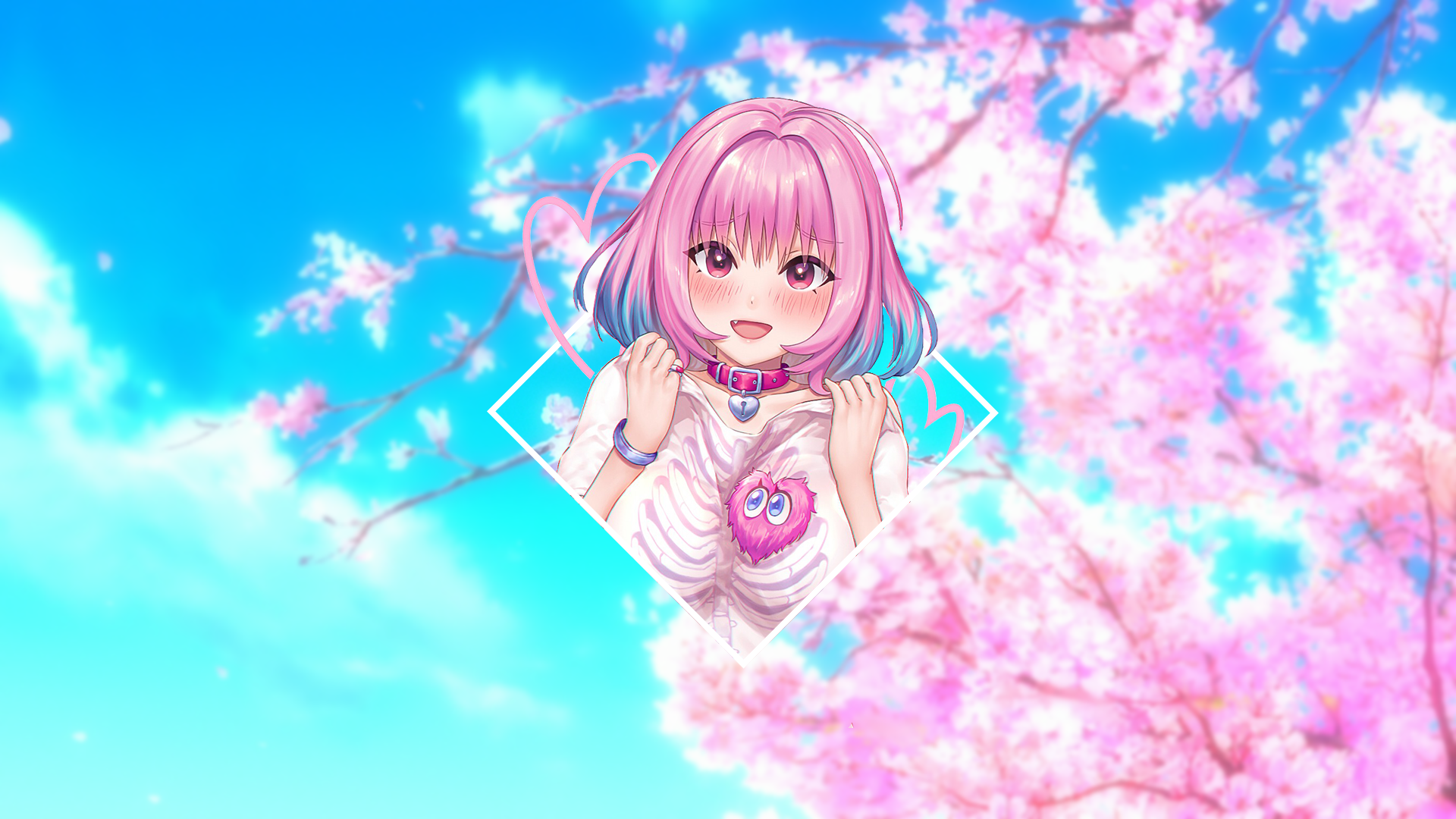 anime, render in shapes, anime girls, cherry blossom, necklace, pink hair, picture-in-picture, HD Wallpaper