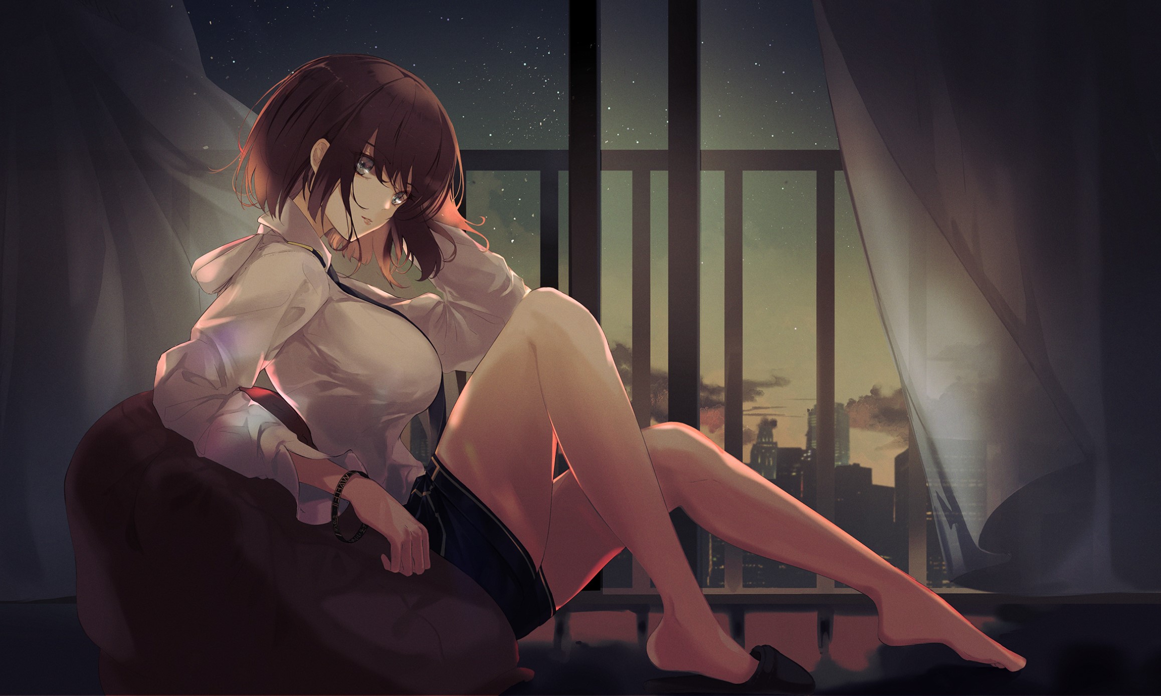 stars, night, curtains, wind, city, balcony, HD Wallpaper