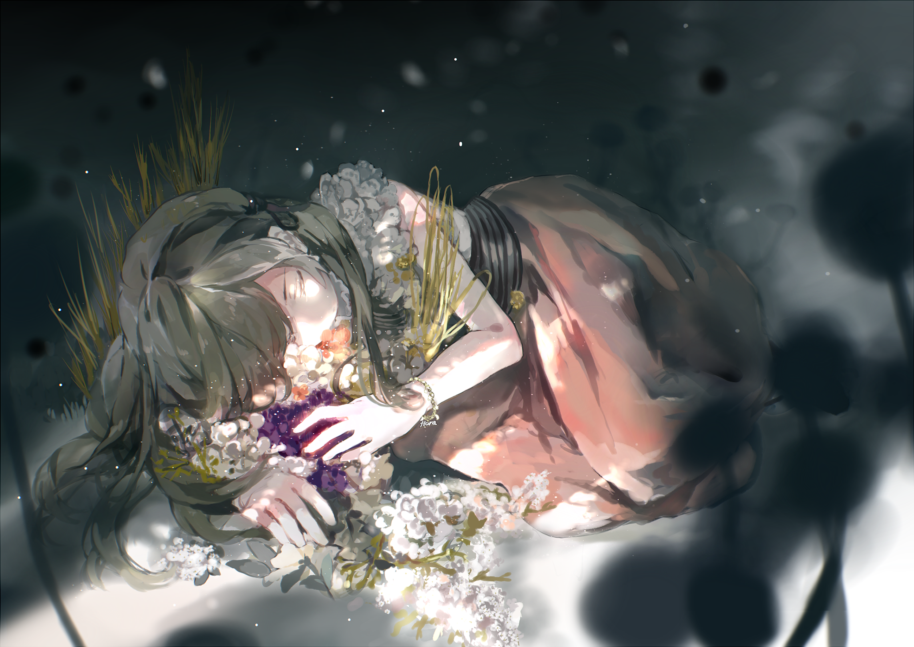 flowers, anime girls, glowing, sleeping, HD Wallpaper
