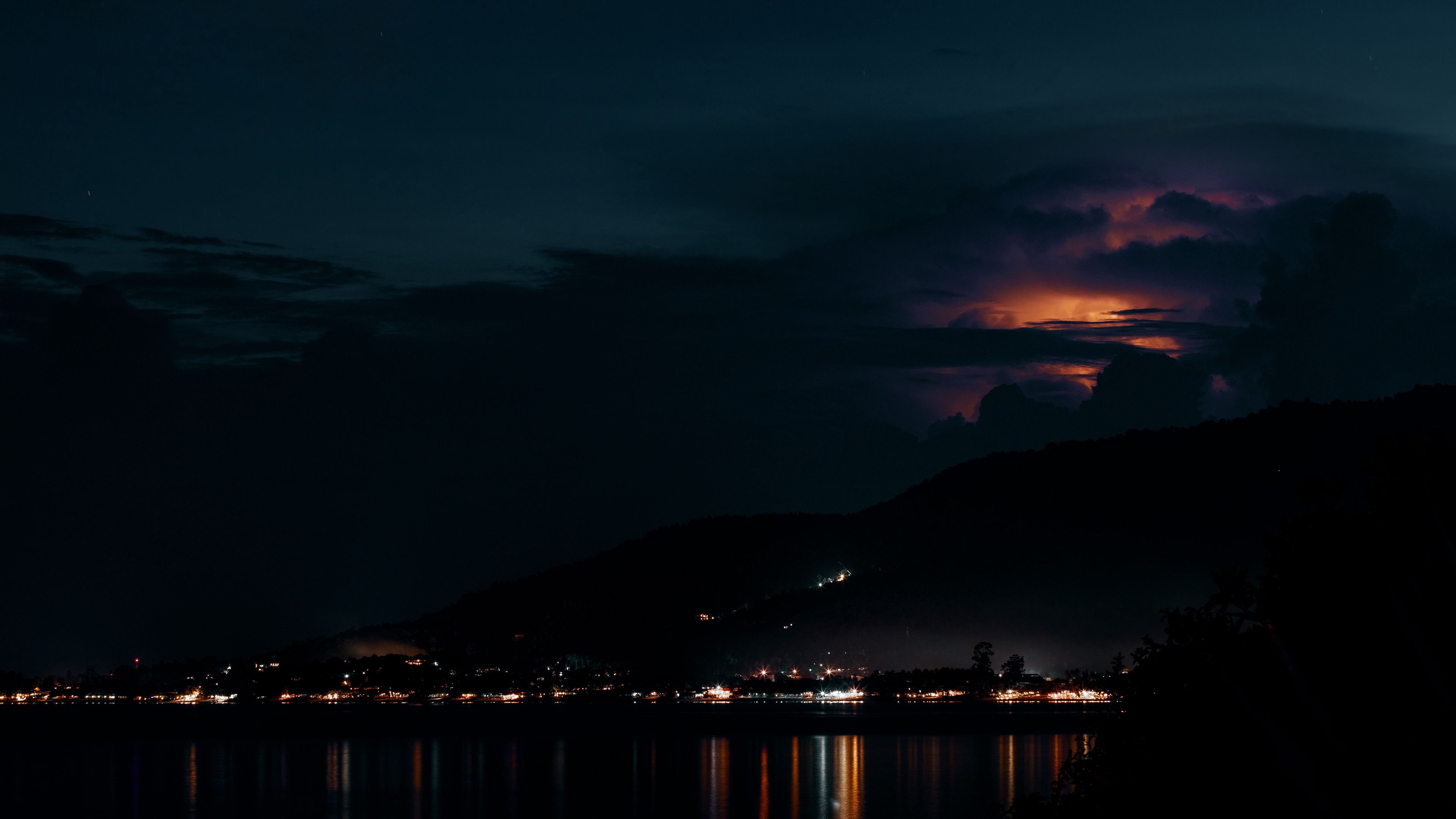 night, sky, clouds, horizon, river, dark, 4k, HD Wallpaper