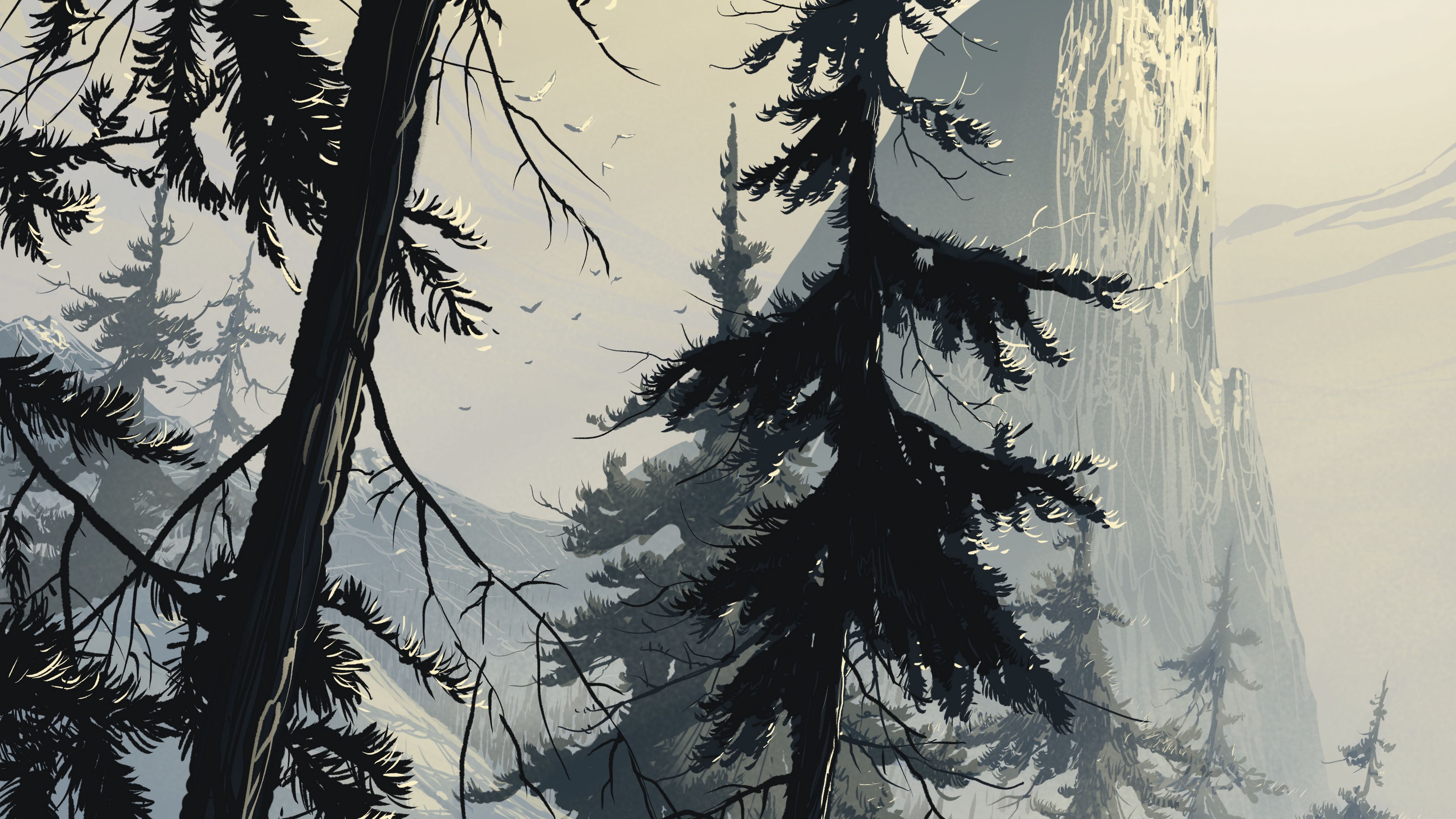 spruce, art, forest, winter, branches, 4k, HD Wallpaper