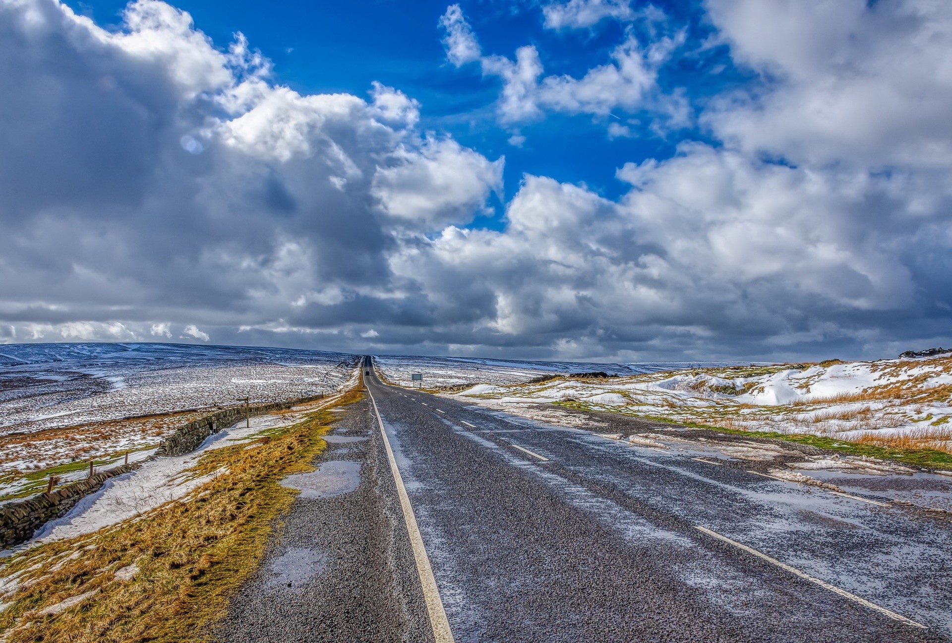 road, landscape, asphalt, sky, clouds, winter, HD Wallpaper