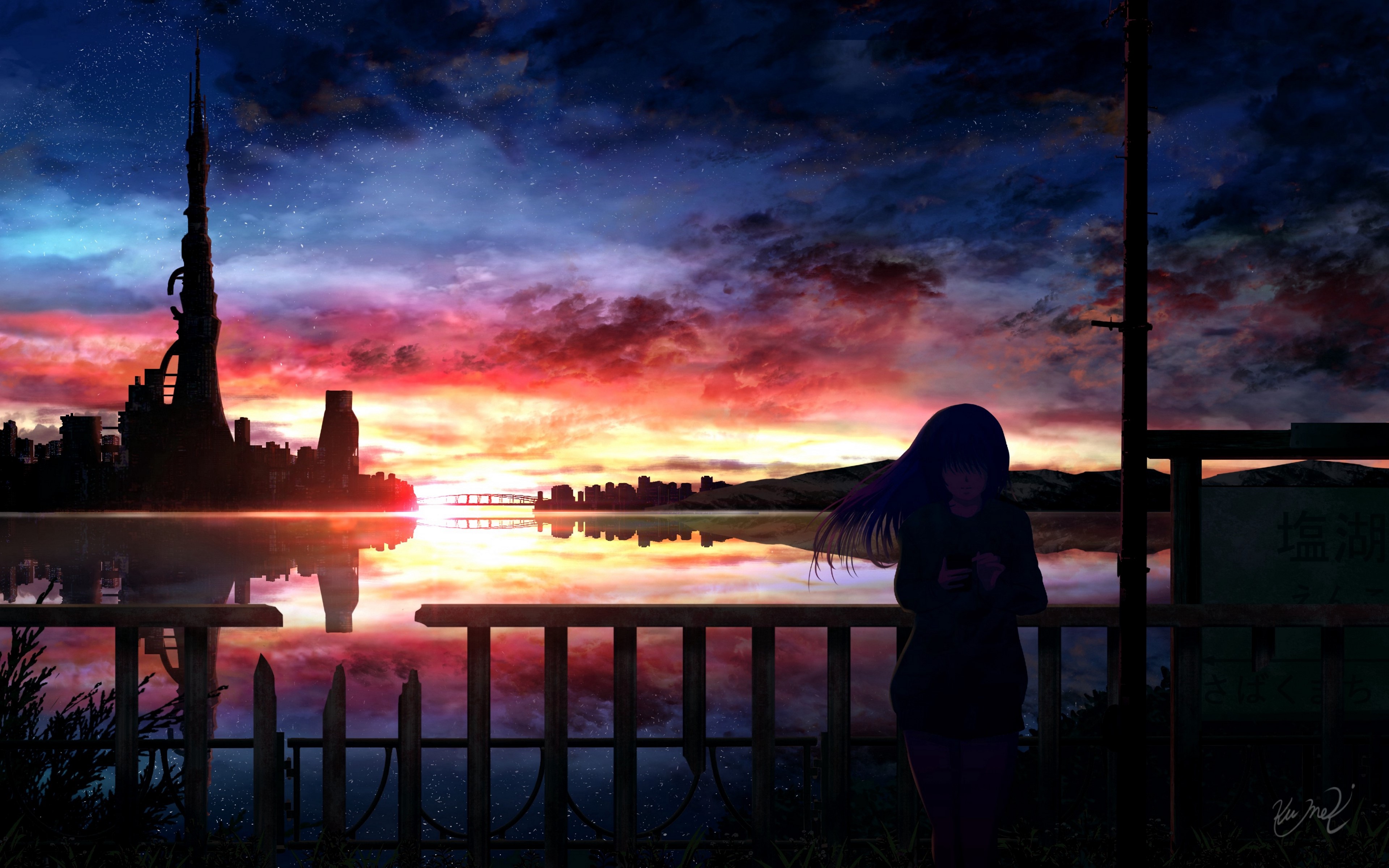 night, anime girls, anime, dark, sky, sunlight, HD Wallpaper