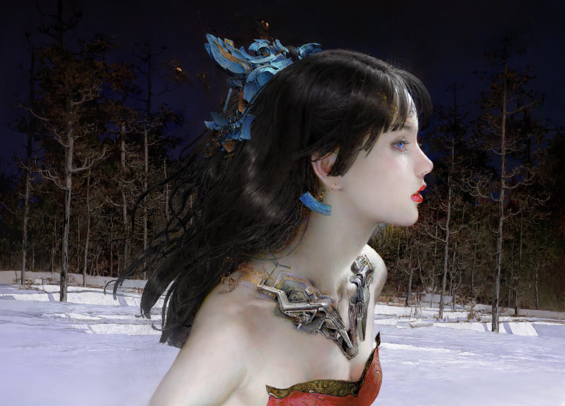 women, artwork, forest, winter, brunette, HD Wallpaper