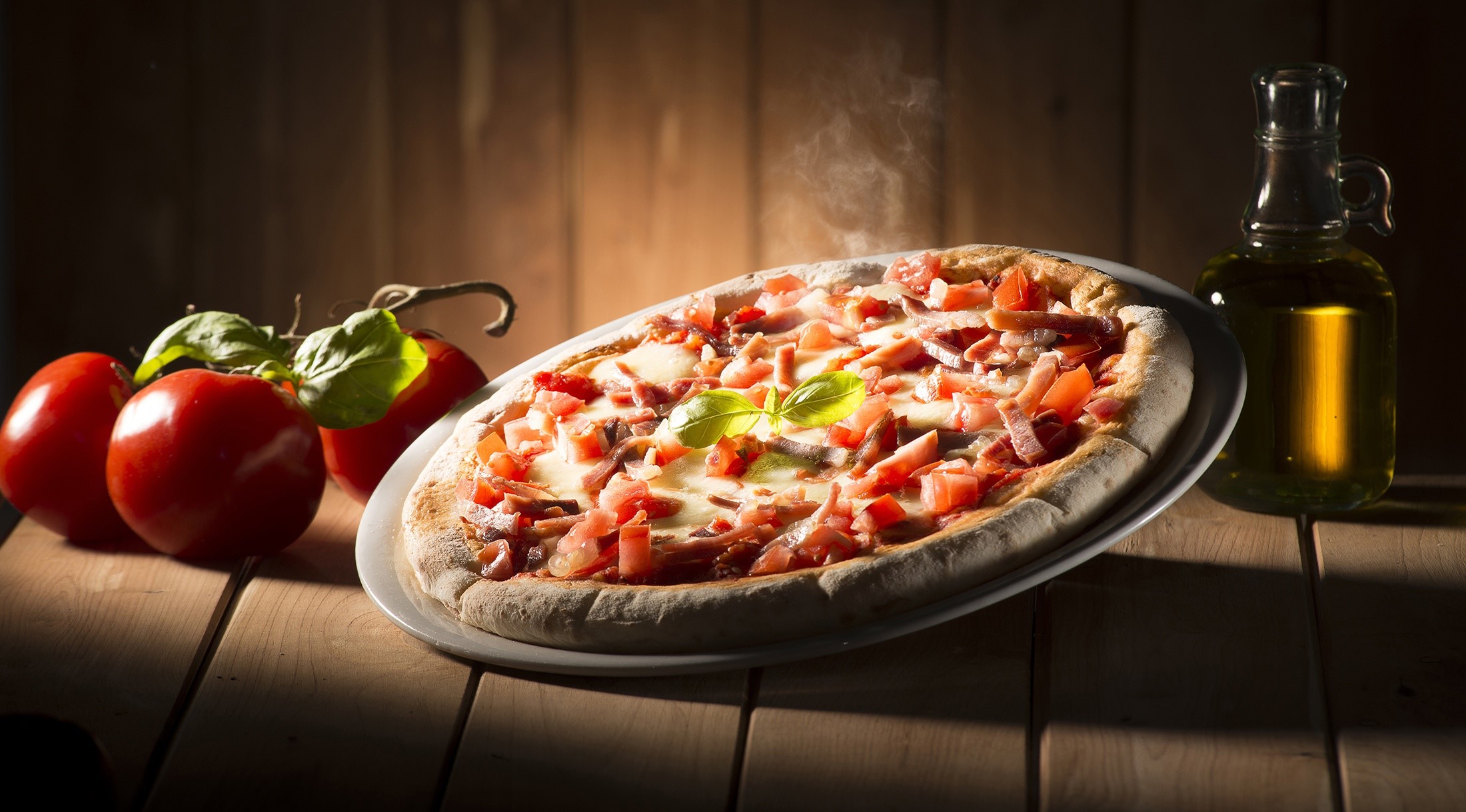 food, pizza, tomatoes, leaves, HD Wallpaper
