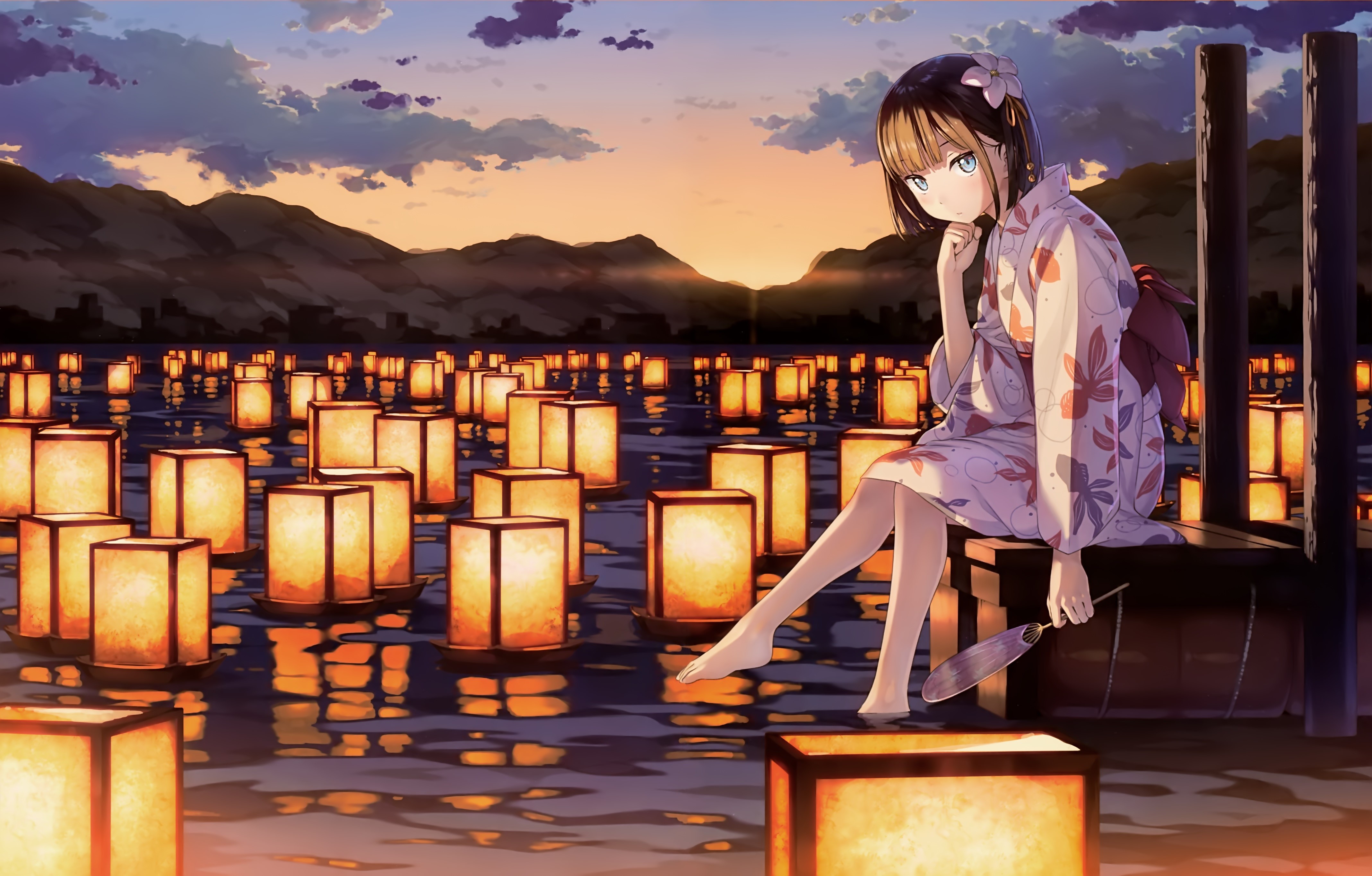lantern, reflection, sunset, kimono, water, sitting, HD Wallpaper