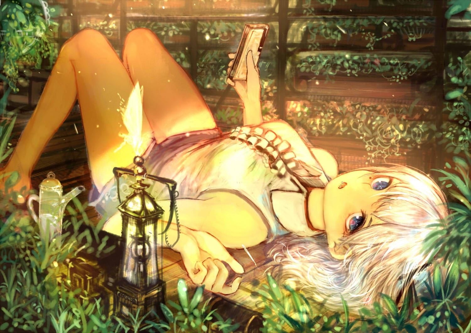 anime, anime girls, garden, original characters, white hair, blue eyes, HD Wallpaper