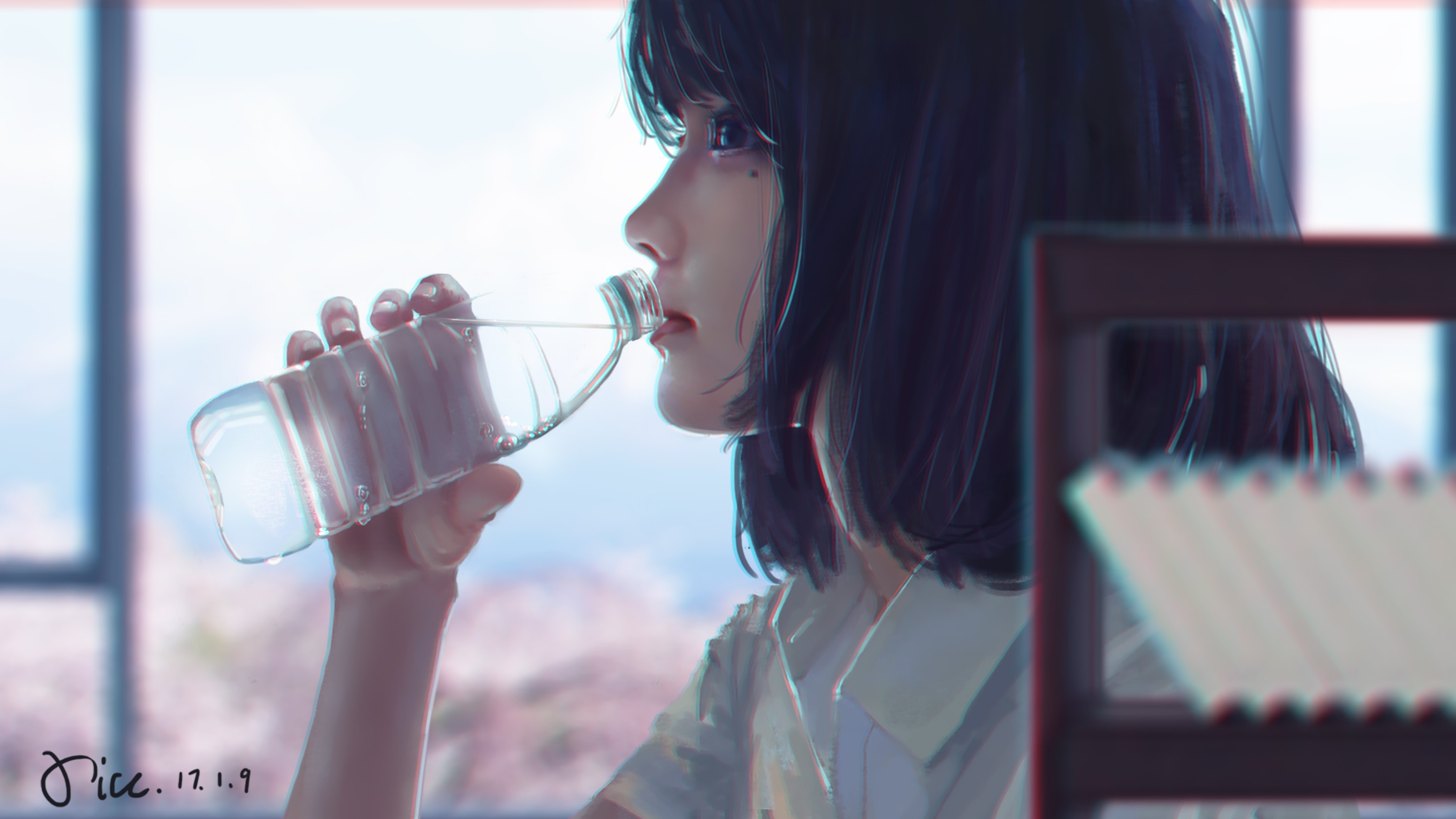 digital art, artwork, women, dark hair, water bottle, dark eyes, brown eyes, HD Wallpaper