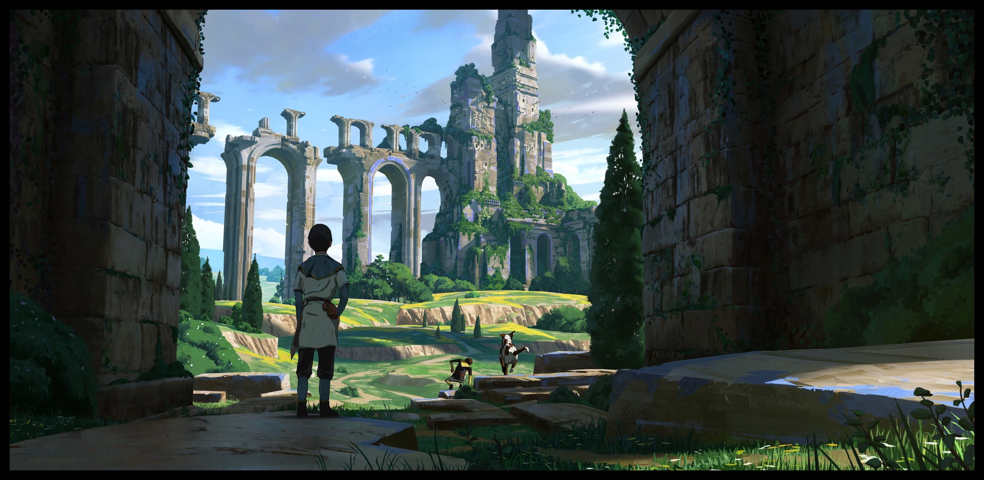 digital art, artwork, fantasy art, dog, tower, landscape, children, HD Wallpaper