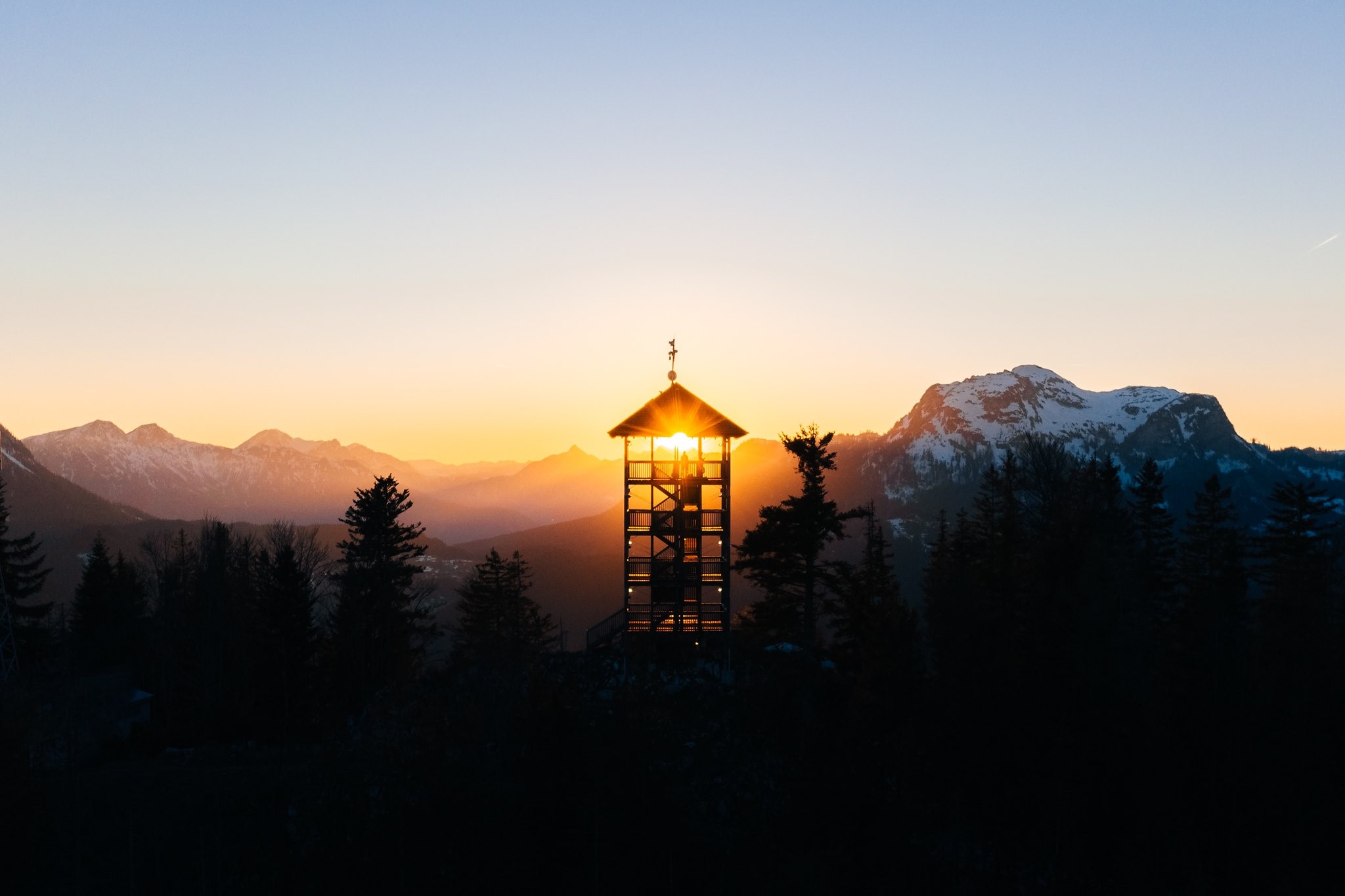 dark, sunlight, mountains, sky, nature, Austria, tower, HD Wallpaper