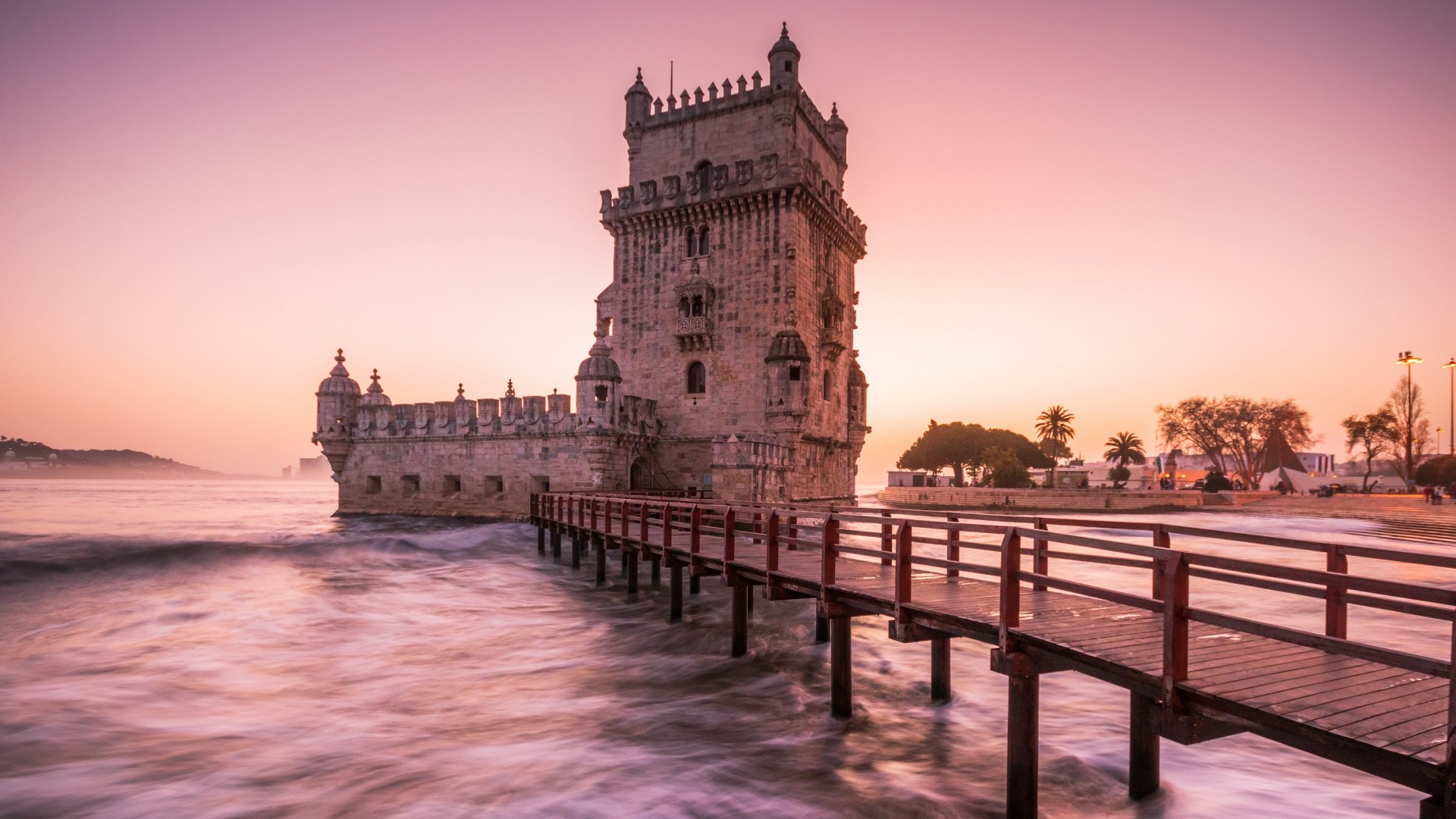 architecture, tower, castle, Torre de Belém, Portugal, Lisbon, bridge, river, waves, clear sky, palm trees, HD Wallpaper