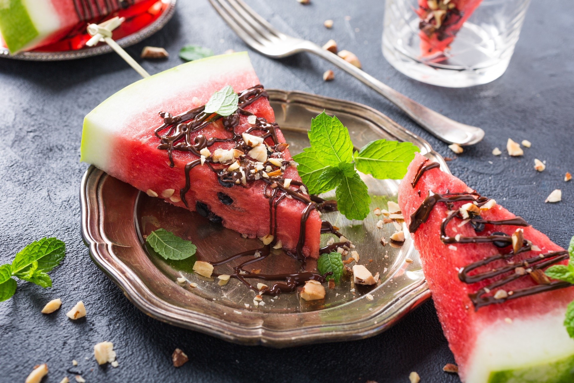food, sweets, cake, fork, mint leaves, watermelons, nuts, HD Wallpaper