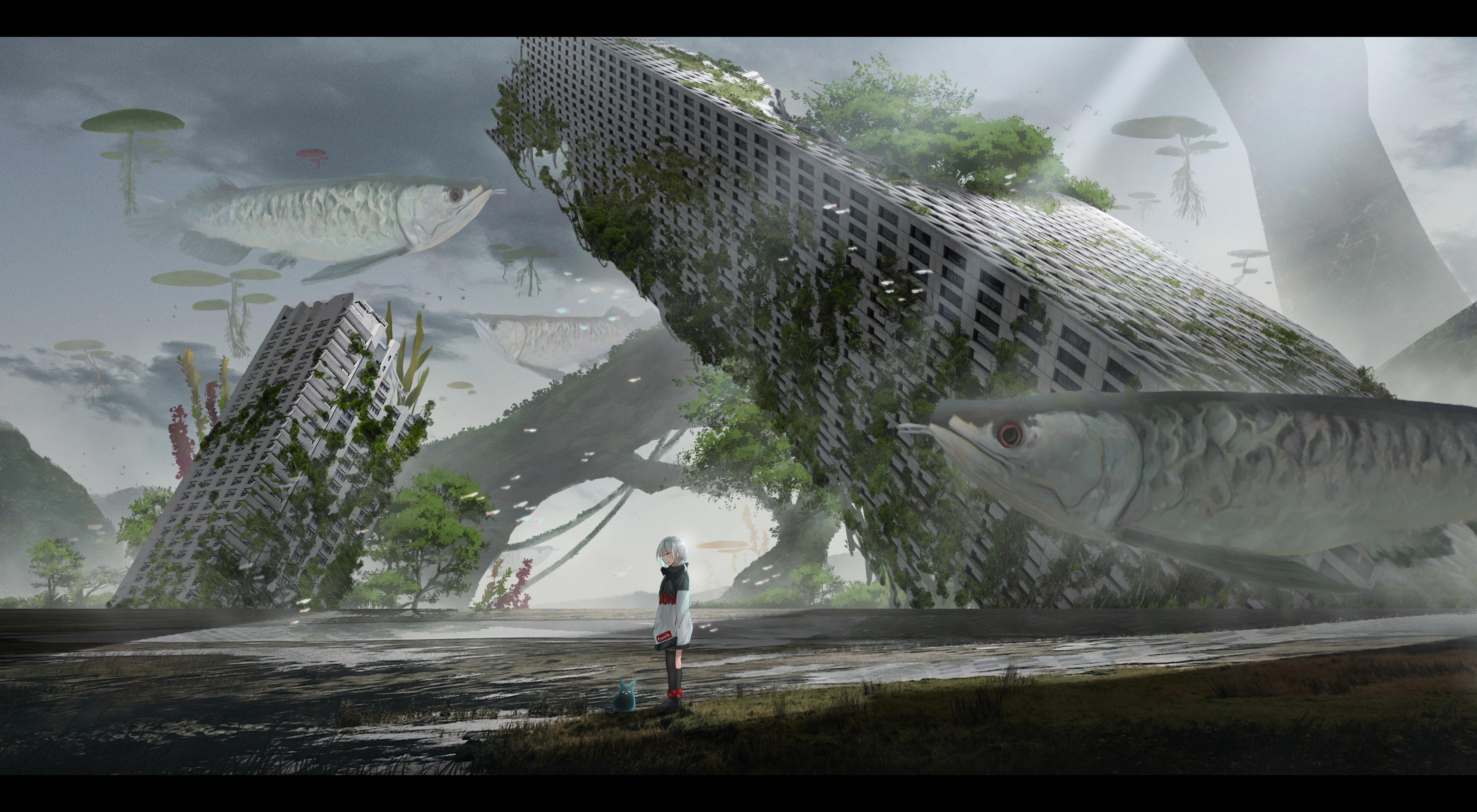 ruins, building, fish, underwater, lily pads, nature, fantasy art, anime girls, HD Wallpaper