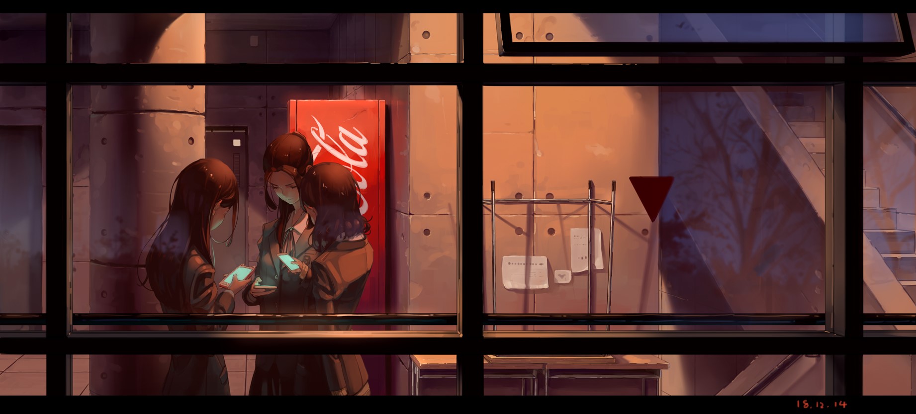 window, Coca-Cola, phone, anime girls, pillar, desk, stairs, reflection, trees, brunette, HD Wallpaper