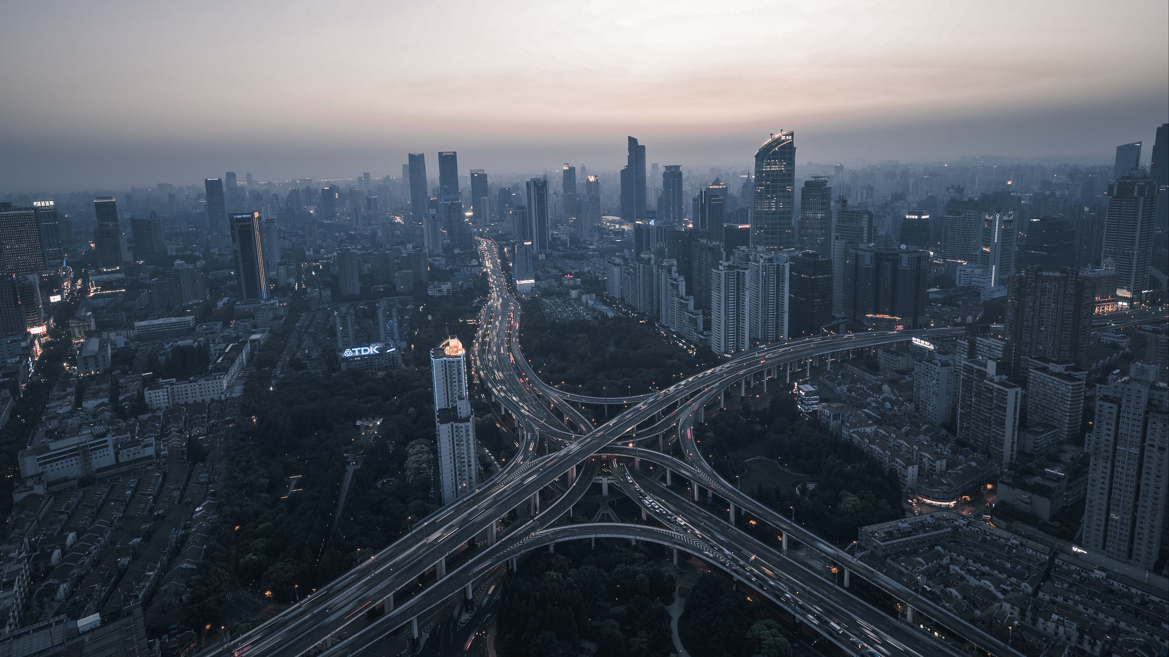 night city, aerial view, road, metropolis, 4k, HD Wallpaper