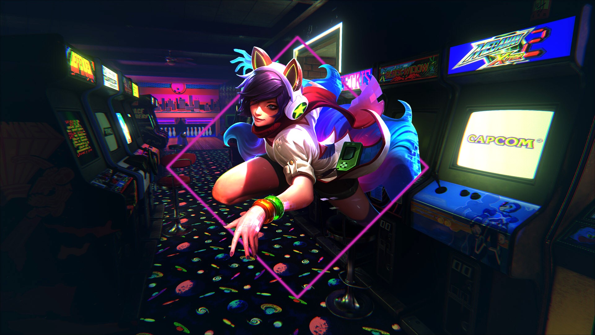 League of Legends, picture-in-picture, PC gaming, arcade, headphones, anime girls, anime, Capcom, purple hair, video games, HD Wallpaper