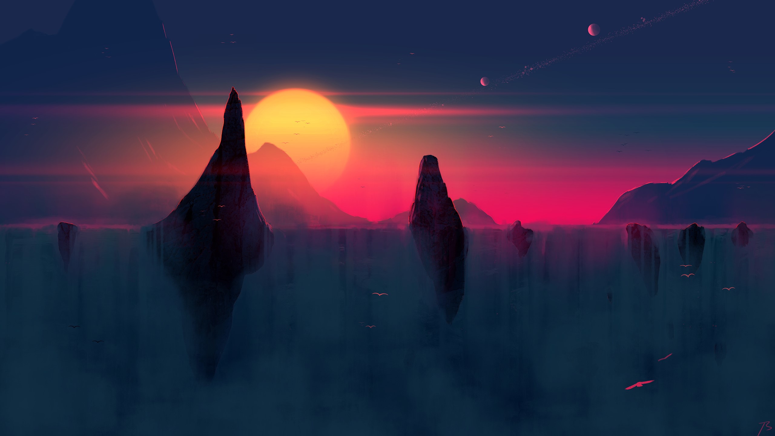 waterfall, Joey Jazz, space art, digital art, sky, Sun, HD Wallpaper