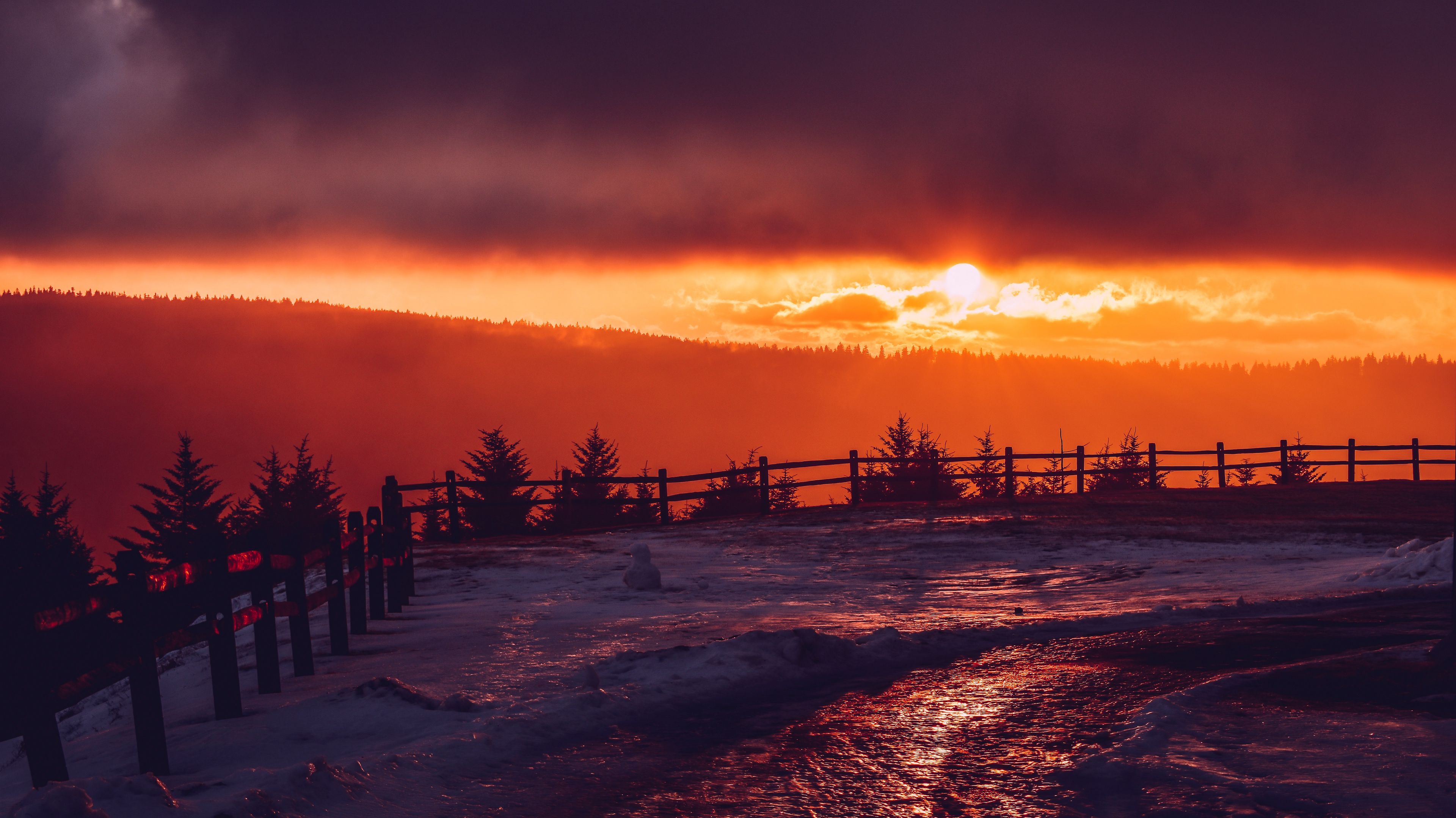 mountains, snow, sunset, fence, winter, 4k, HD Wallpaper