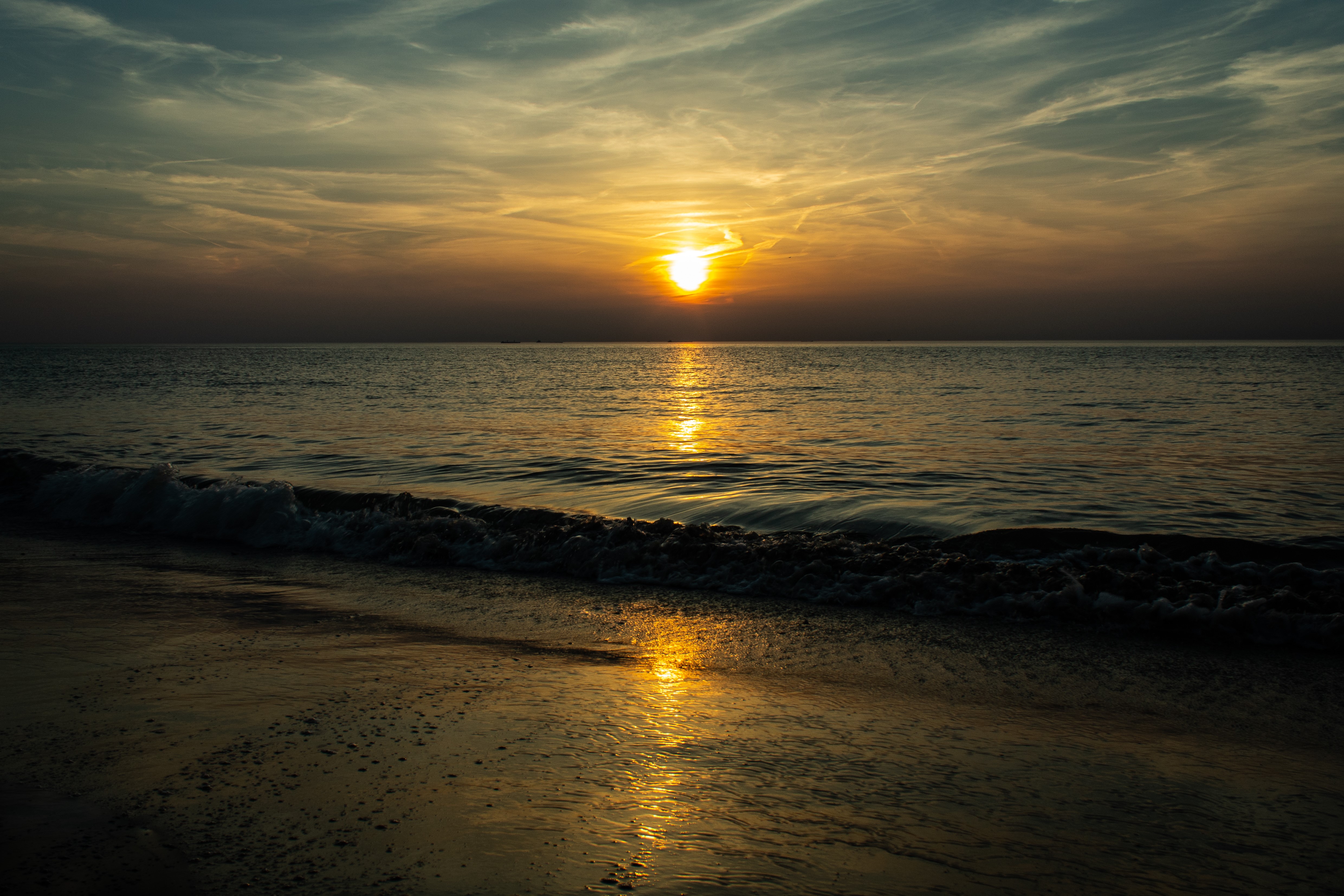 sea, Sun, sunset, beach, HD Wallpaper