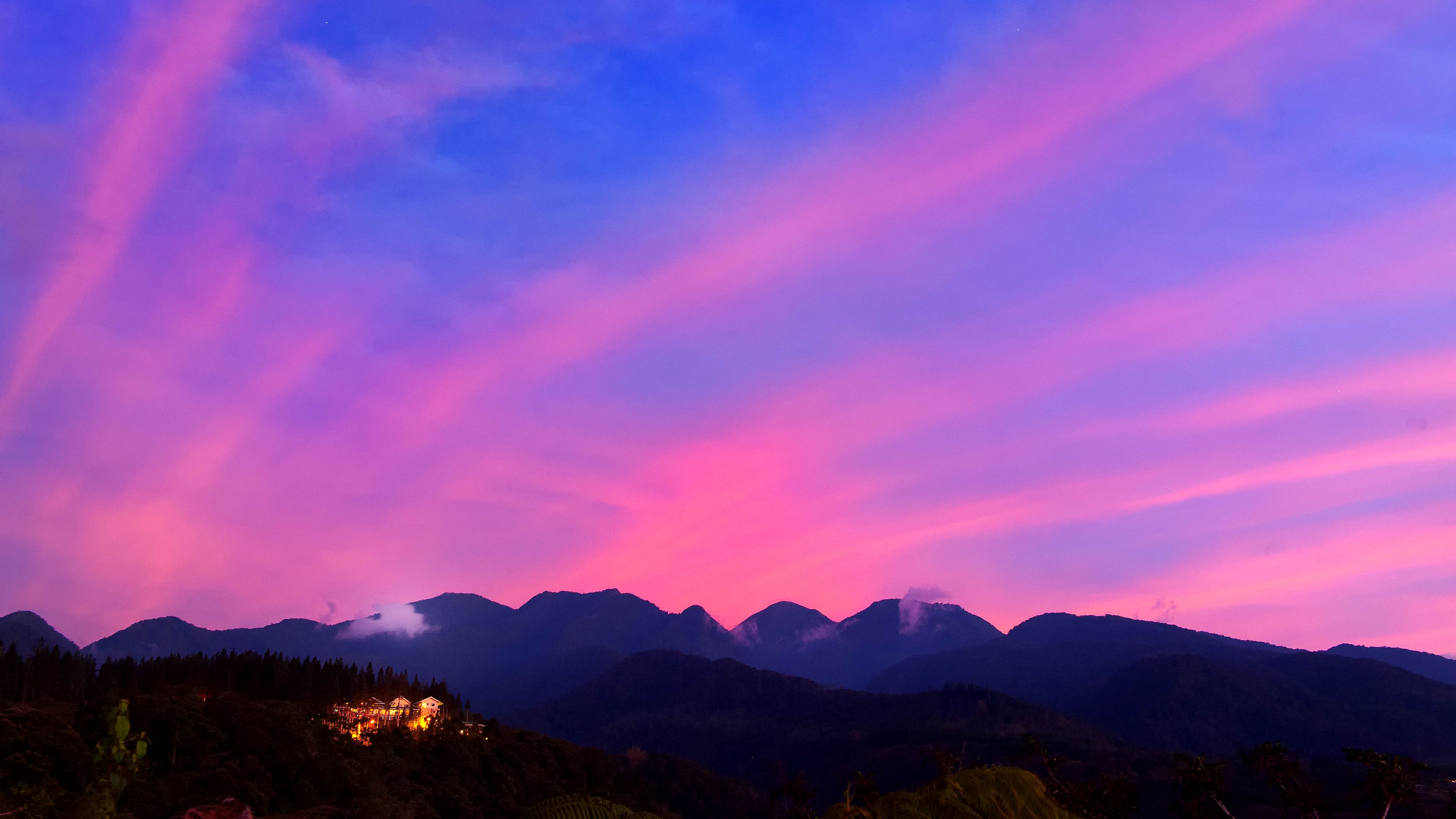 mountains, clouds, village, light, sky, aerial view, 4k, HD Wallpaper