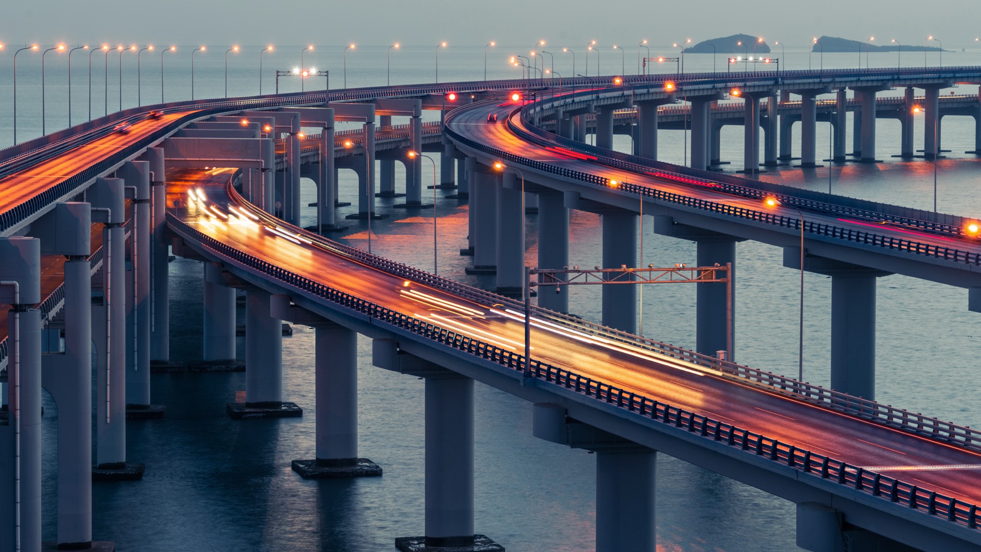 Dalian, China, bridge, dusk, road, Asia, traffic, long exposure, light trails, column, HD Wallpaper