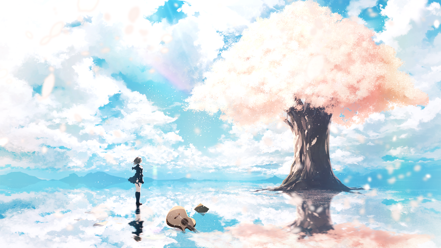 cherry blossom, anime girls, guitar, trees, sky, clouds, reflection, musical instrument, HD Wallpaper