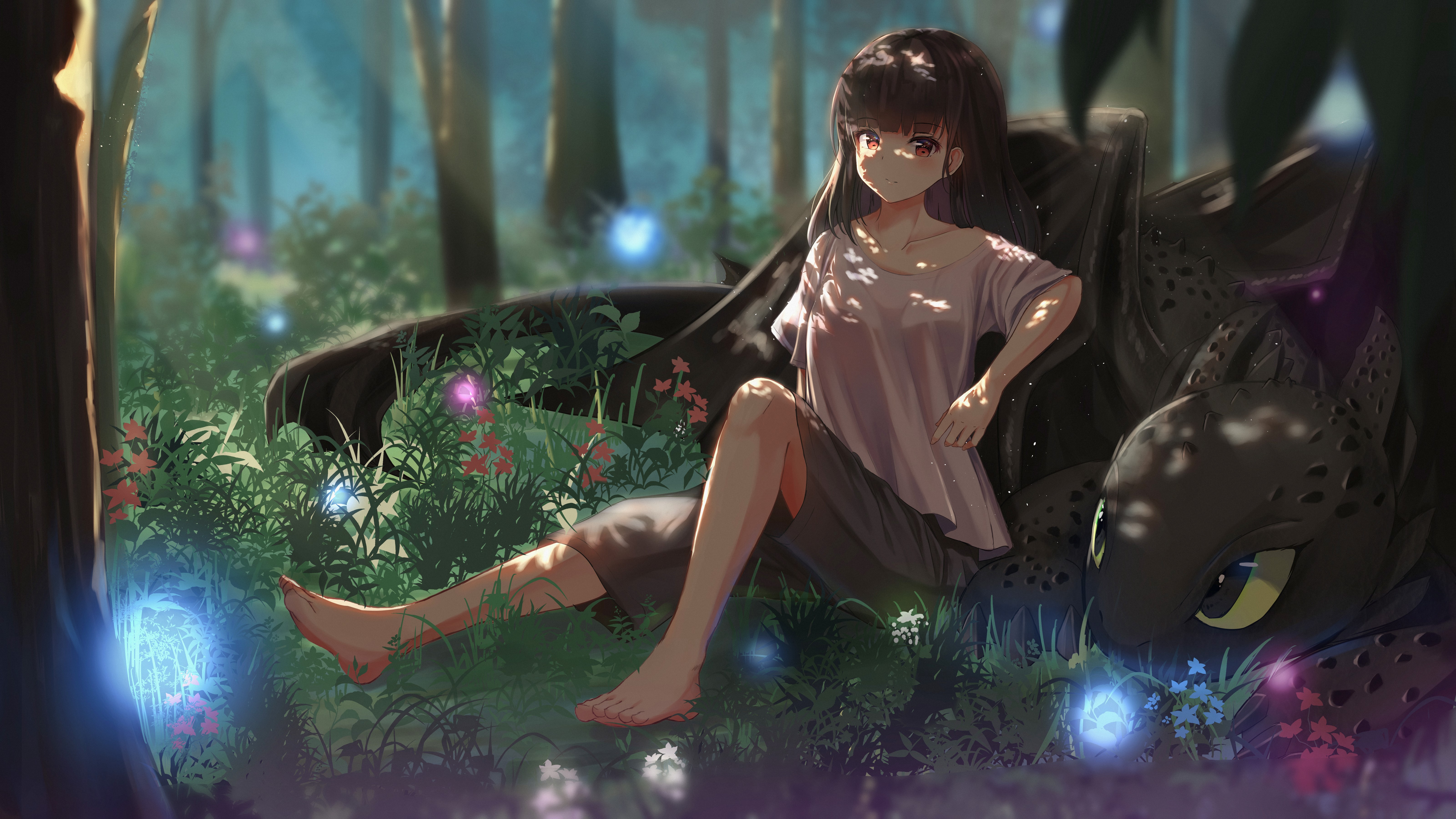 anime, anime girls, black hair, forest, original characters, barefoot, flowers, HD Wallpaper