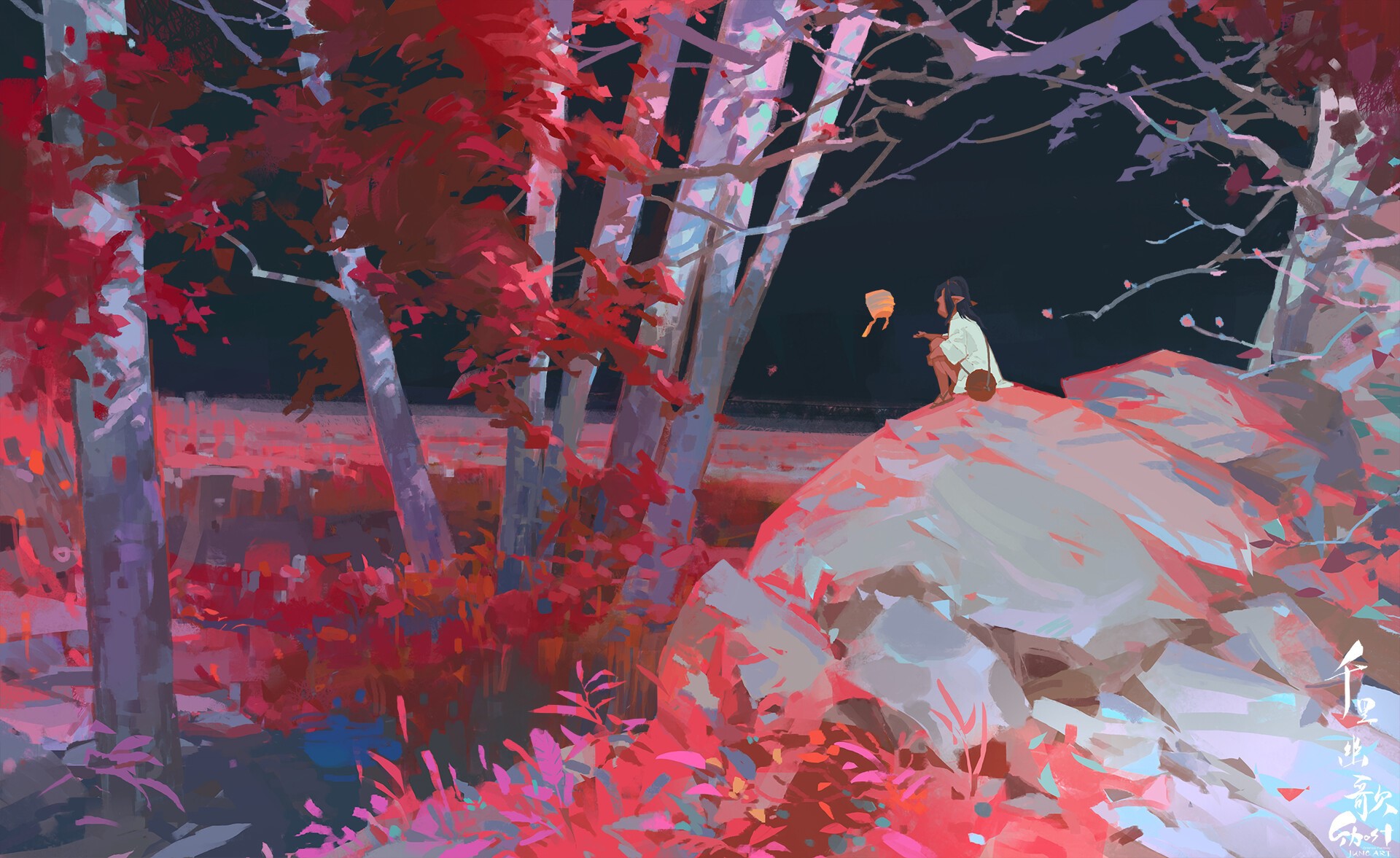 fantasy art, environment, trees, rocks, spirits, artwork, HD Wallpaper