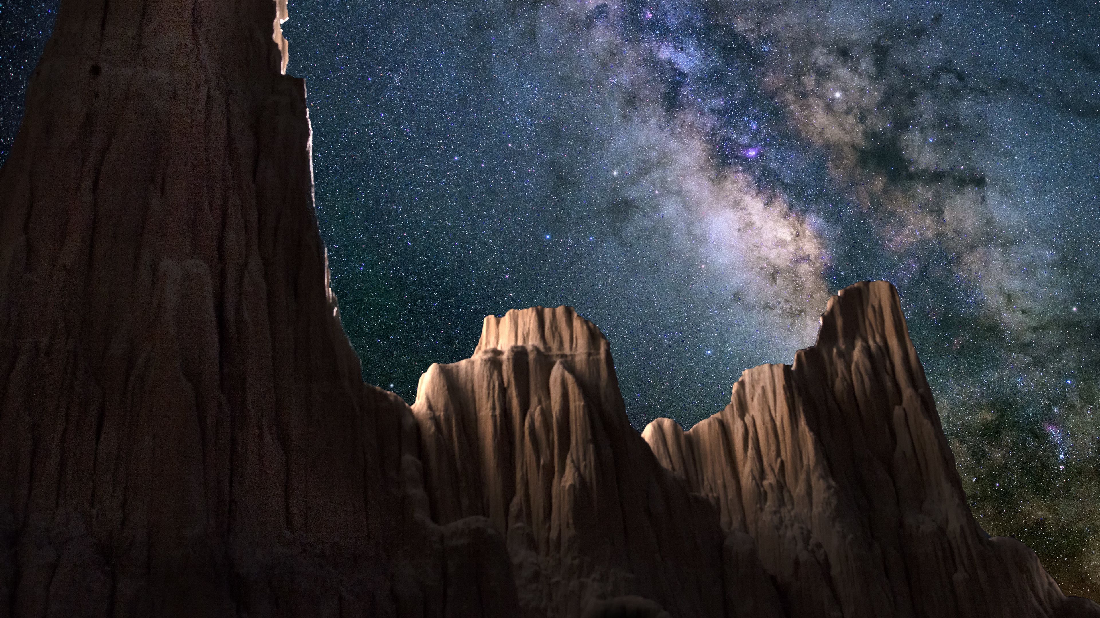 rocks, starry sky, milky way, 4k, HD Wallpaper