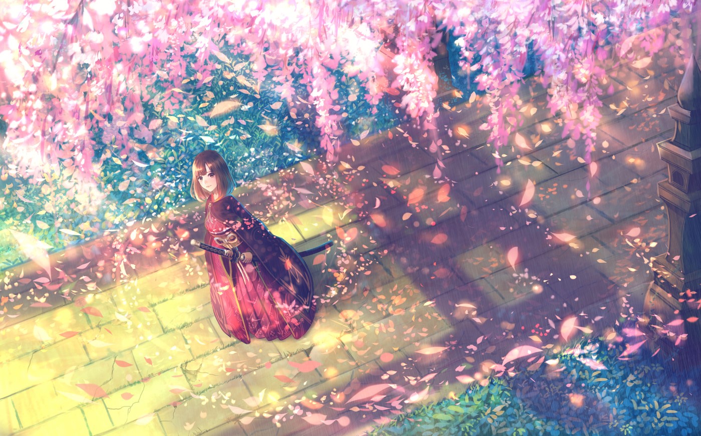 anime, anime girls, original characters, flowers, sword, HD Wallpaper