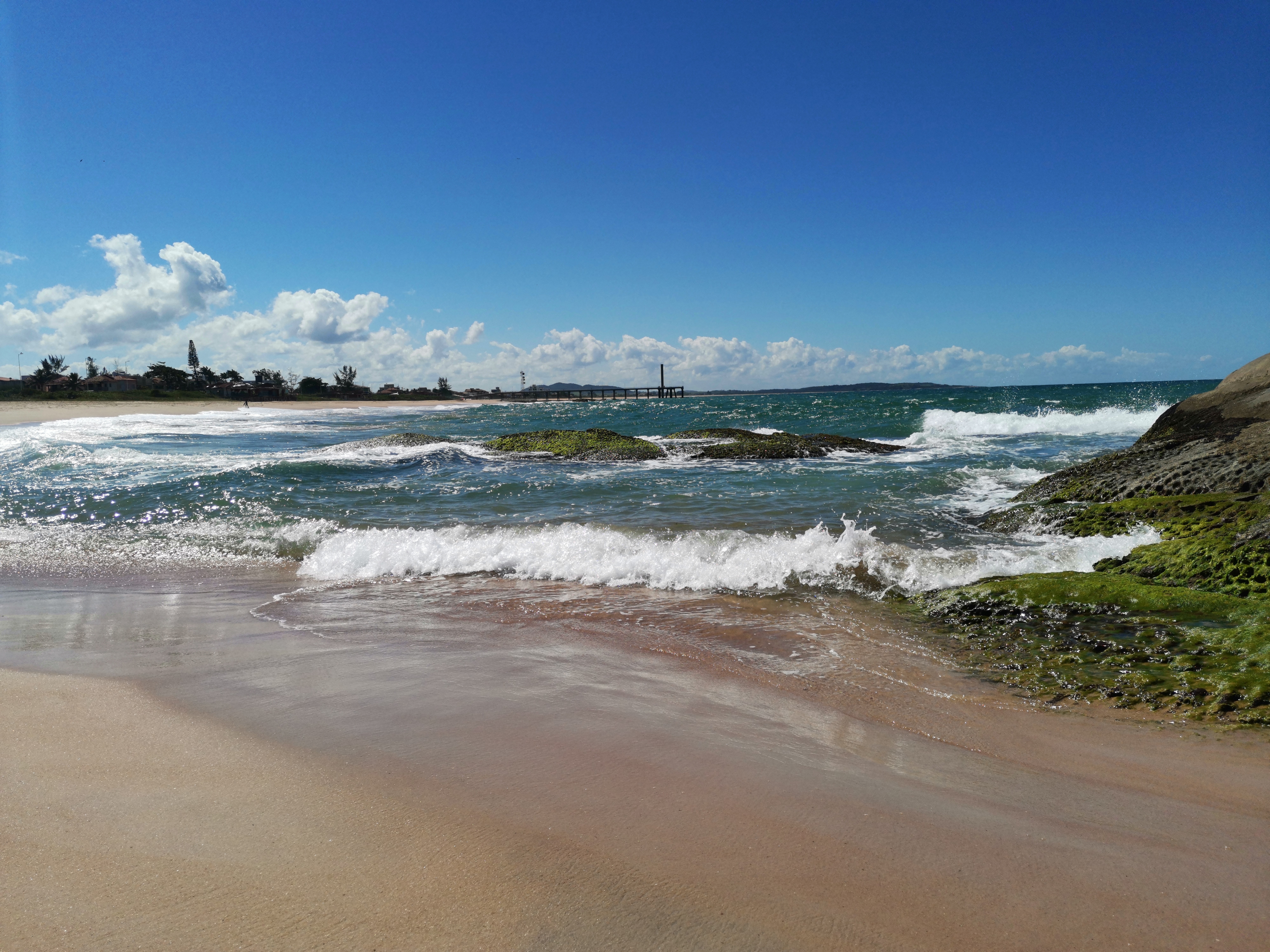 beach, sun rays, algae, clouds, HD Wallpaper