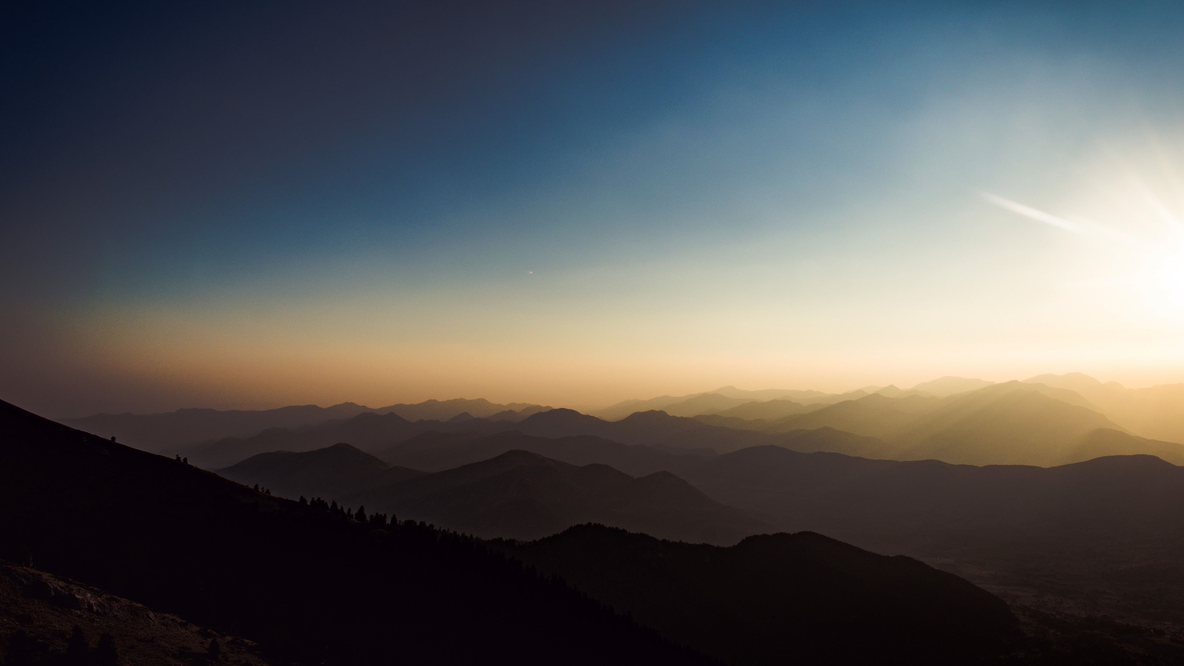mountains, sunset, nature, landscape, blue, yellow, sky, HD Wallpaper