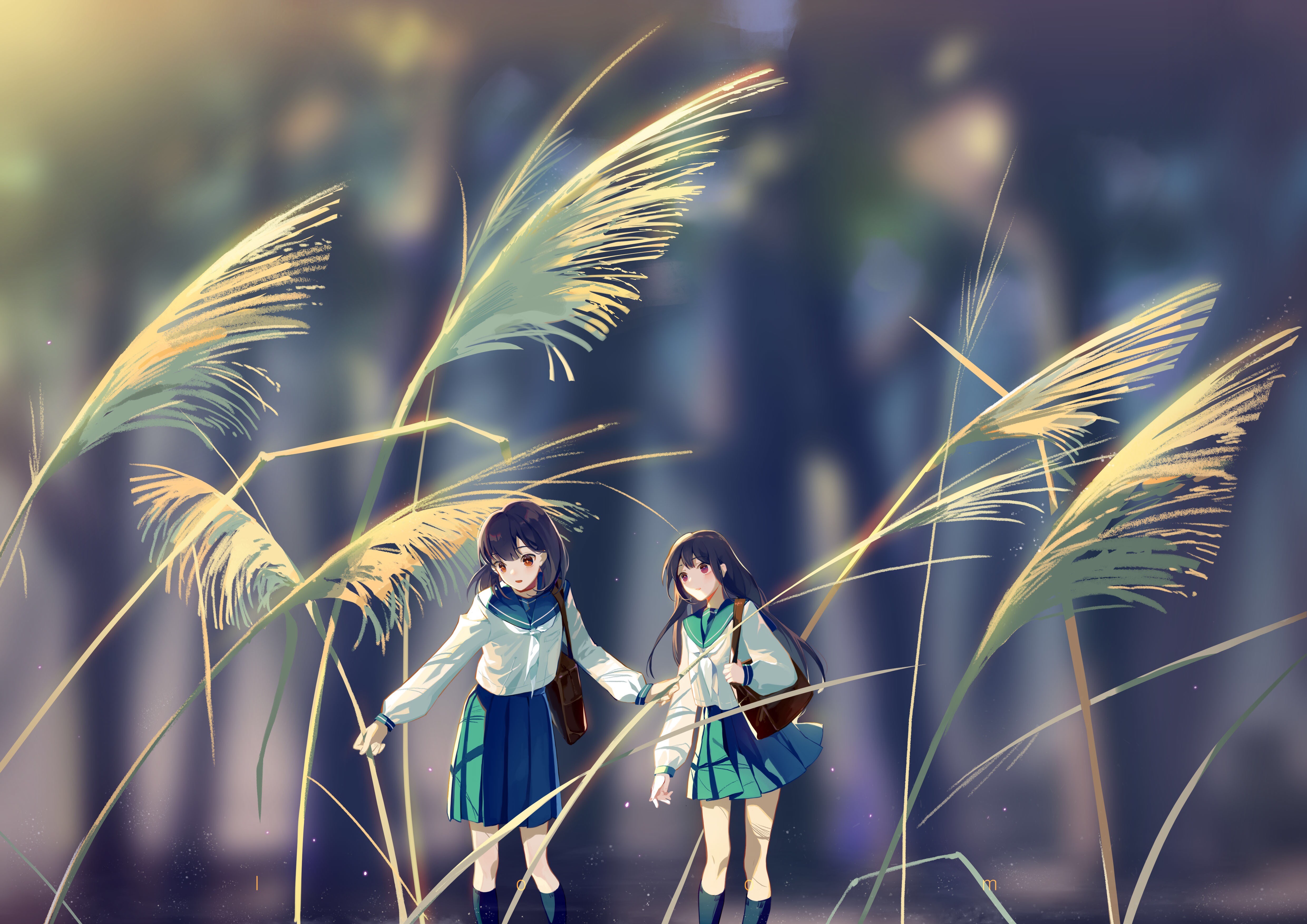 anime, anime girls, original characters, dark hair, school uniform, plants, HD Wallpaper