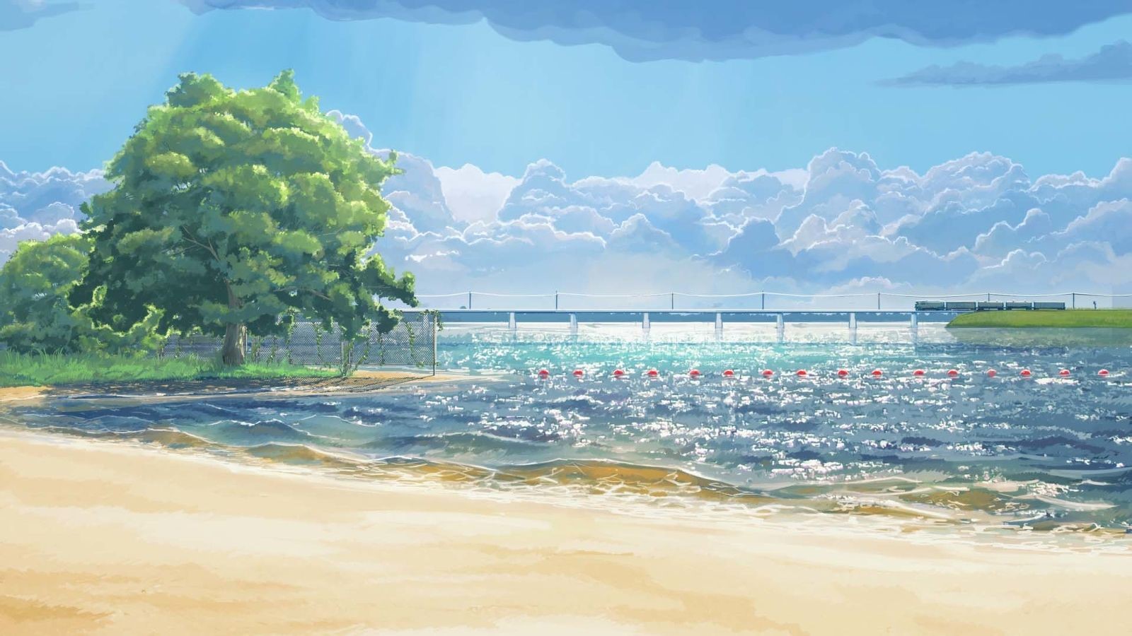 beach, trees, anime, clouds, HD Wallpaper