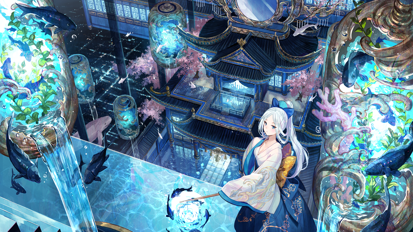 anime, anime girls, fish, fantasy girl, HD Wallpaper