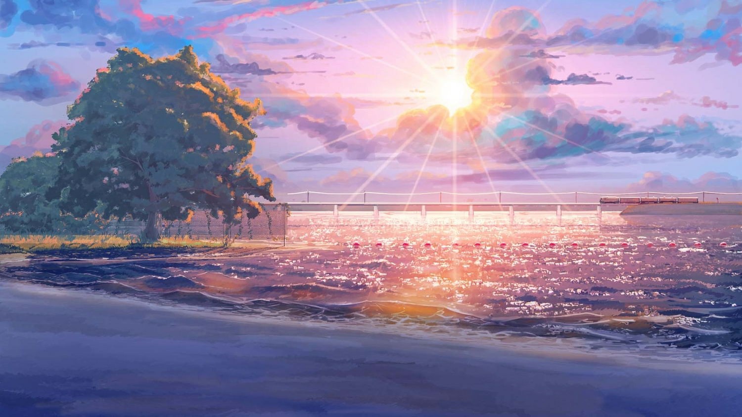 beach, trees, anime, sunlight, HD Wallpaper