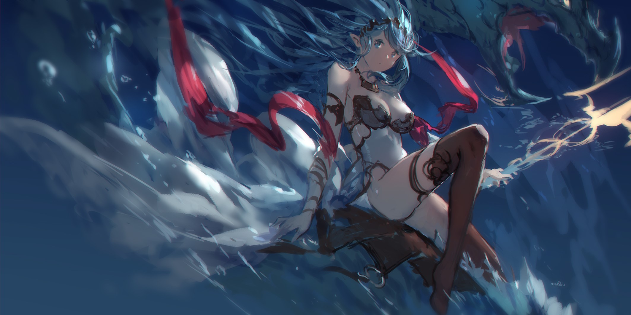 swd3e2, anime girls, anime, boobs, blue hair, legs, fantasy girl, HD Wallpaper