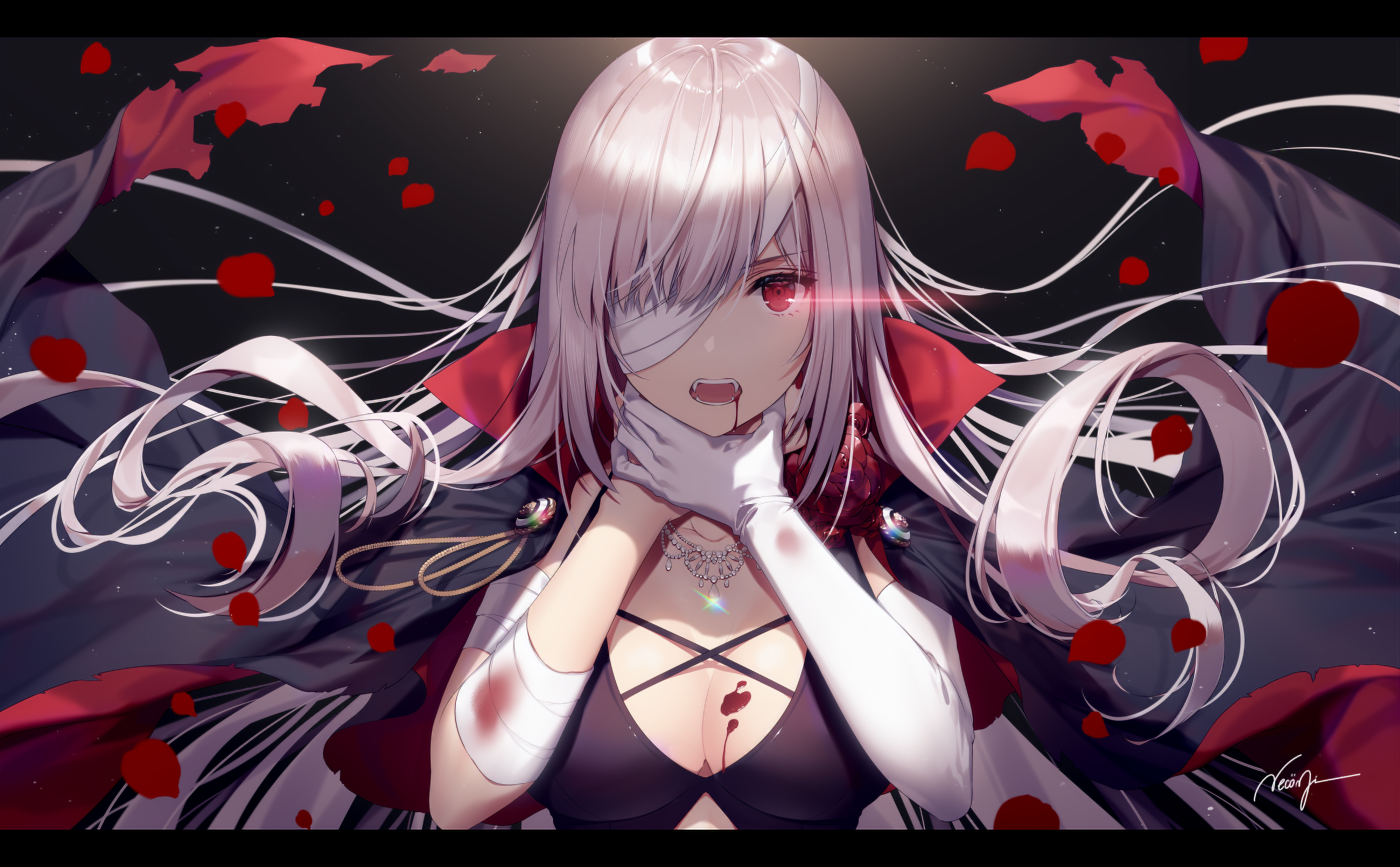 Fate/Grand Order, anime, petals, gloves, bandage, blood, glowing eyes, rose, necklace, covered eyes, red eyes, vampires, HD Wallpaper