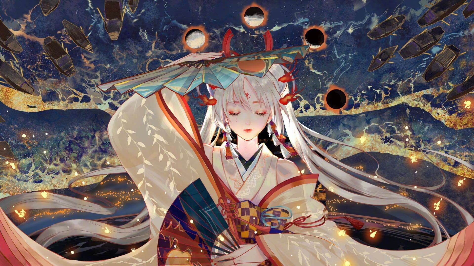 anime, anime girls, kimono, twintails, closed eyes, HD Wallpaper